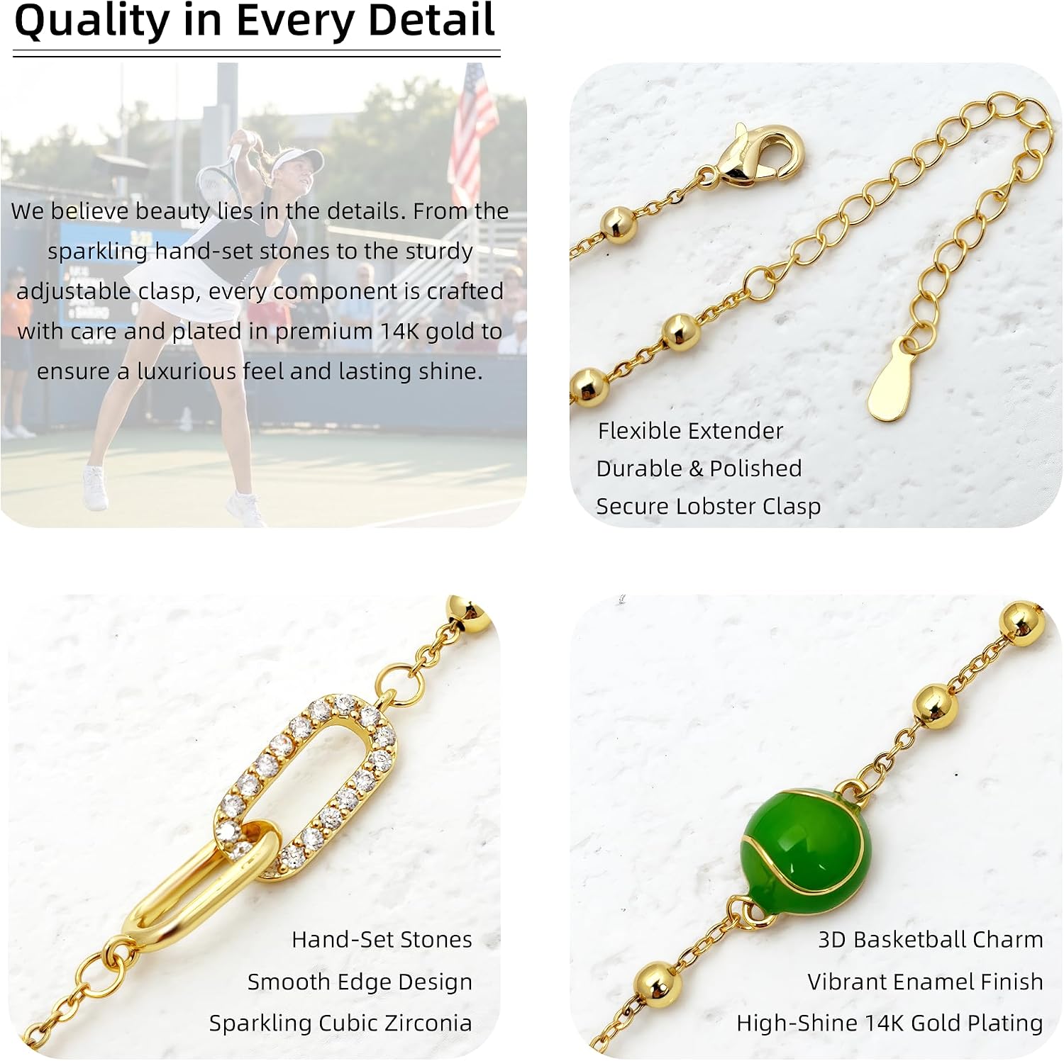 Softball Volleyball Soccer Basketball Football Tennis Pickleball Bracelet for Girls Women, 14K Gold Plated Sports Jewelry Gifts for Teen Girls, Adjustable Link Chain with Inspirational Card image 3