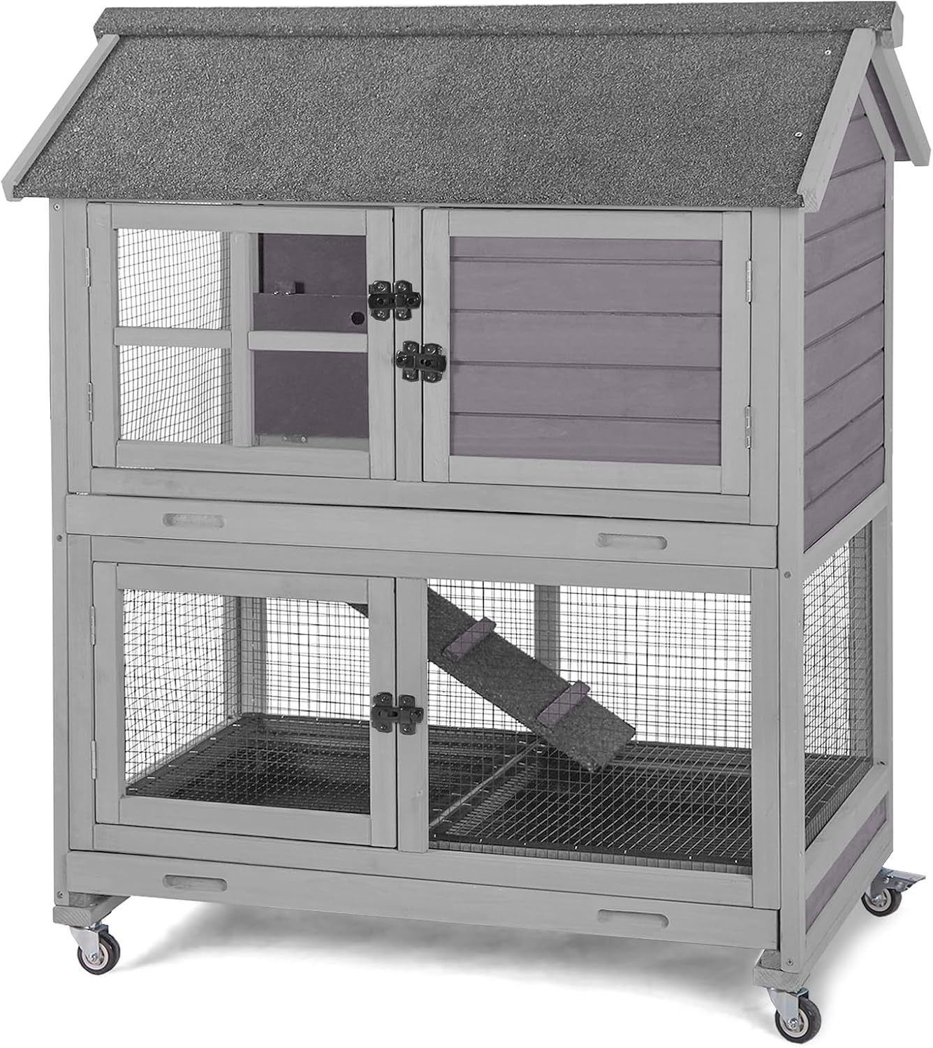 GUTINNEEN Rabbit Hutch Indoor with Metal Wire Floor and Removable Tray, Two-Tier Design with Ramp Bunny Hutch, Wooden Movable Guinea Pig Cages Waterproof Asphalt Roof 38.6"