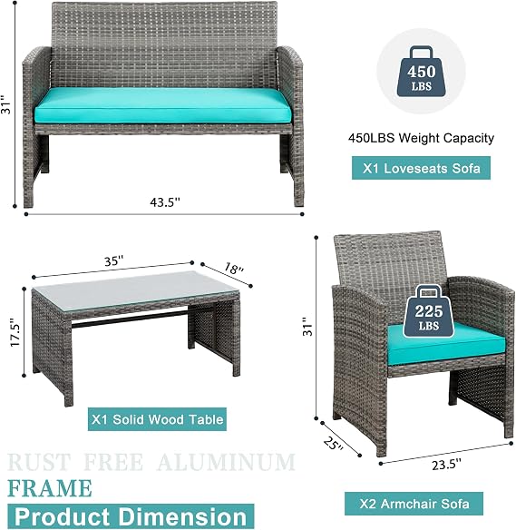 SUNLEI 4-Piece Outdoor Patio Furniture Set, Rattan Chair Wicker Conversation Set, Backyard Porch Garden Poolside Gray Rattan Sofa Set r with Cushion for Outdoor Indoor Use (Sky Blue)