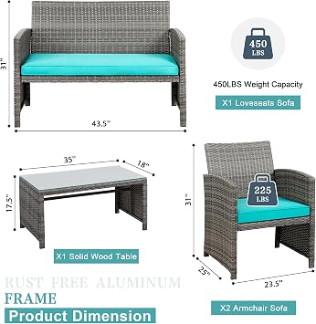 SUNLEI 4-Piece Outdoor Patio Furniture Set, Rattan Chair Wicker Conversation Set, Backyard Porch Garden Poolside Gray Rattan Sofa Set r with Cushion for Outdoor Indoor Use (Sky Blue)