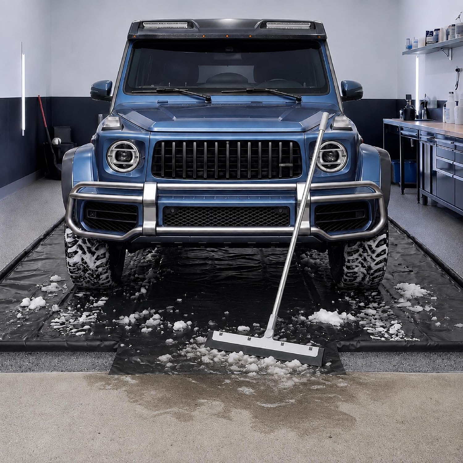 Garage Floor Containment Mat, 7'9"x18', Open-Close Drain Outlet