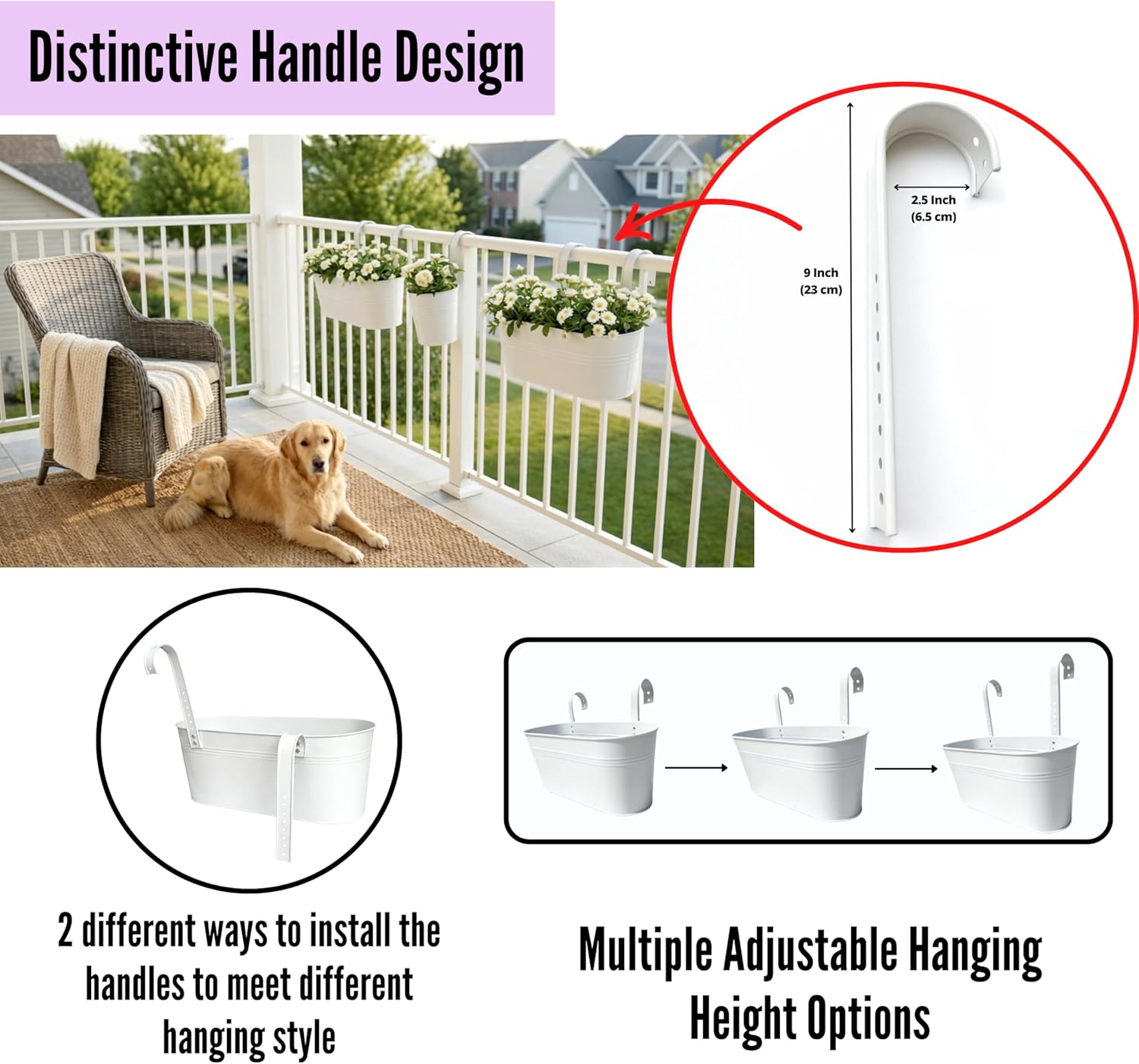 LaLaGreen 17 Inch Rail Planter (9-PIECE COMBO SET) Large White Metal Hanging Rail Fence Flower Pots, Modern Balcony Railing Planter Garden Style Iron Patio Planters Outdoor Deck Decoration Porch Decor