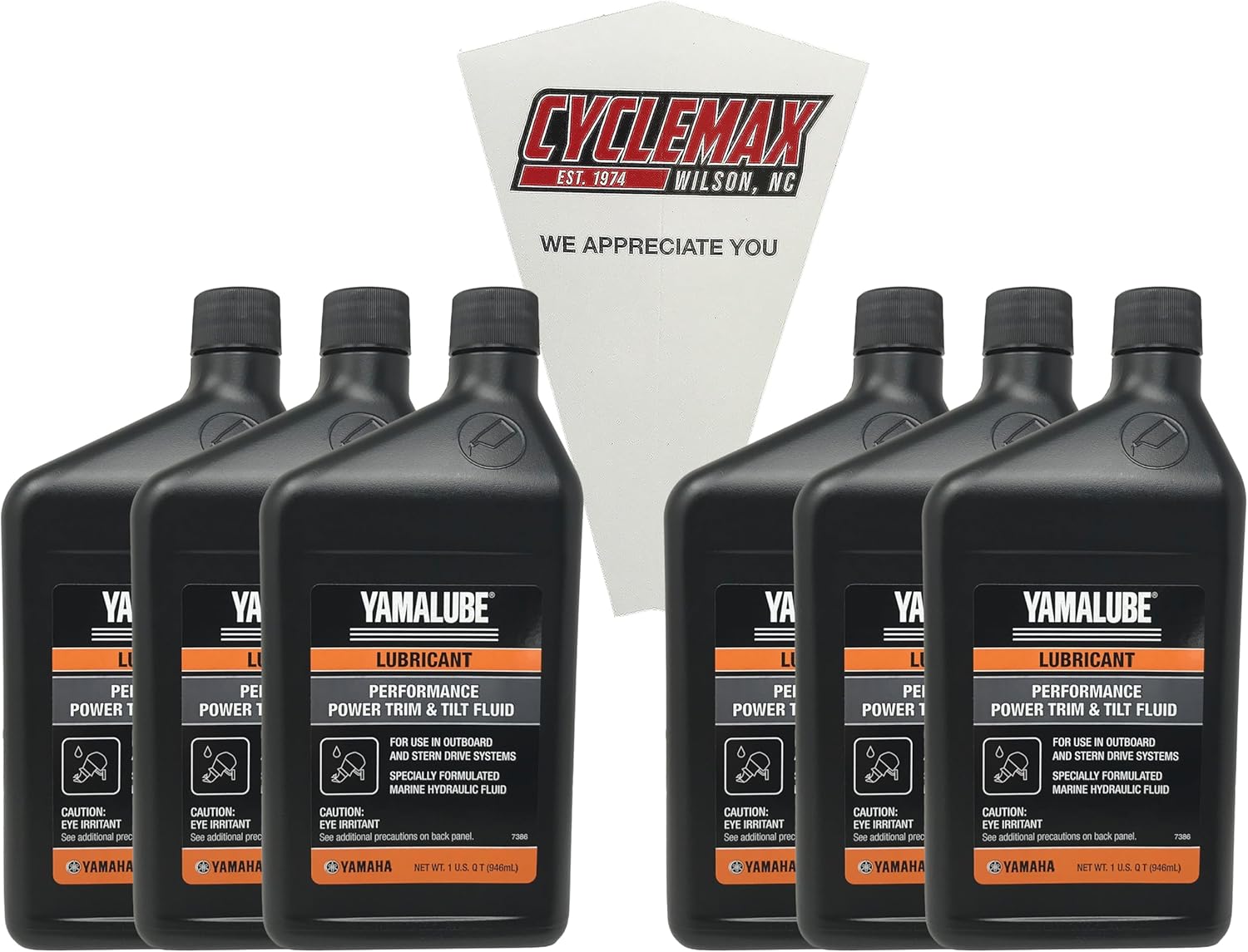 Cyclemax Six Pack compatible with Yamaha Performance Power Trim & Tilt Fluid ACC-PWRTR-MF-32 Contains Six Quarts and a Funnel