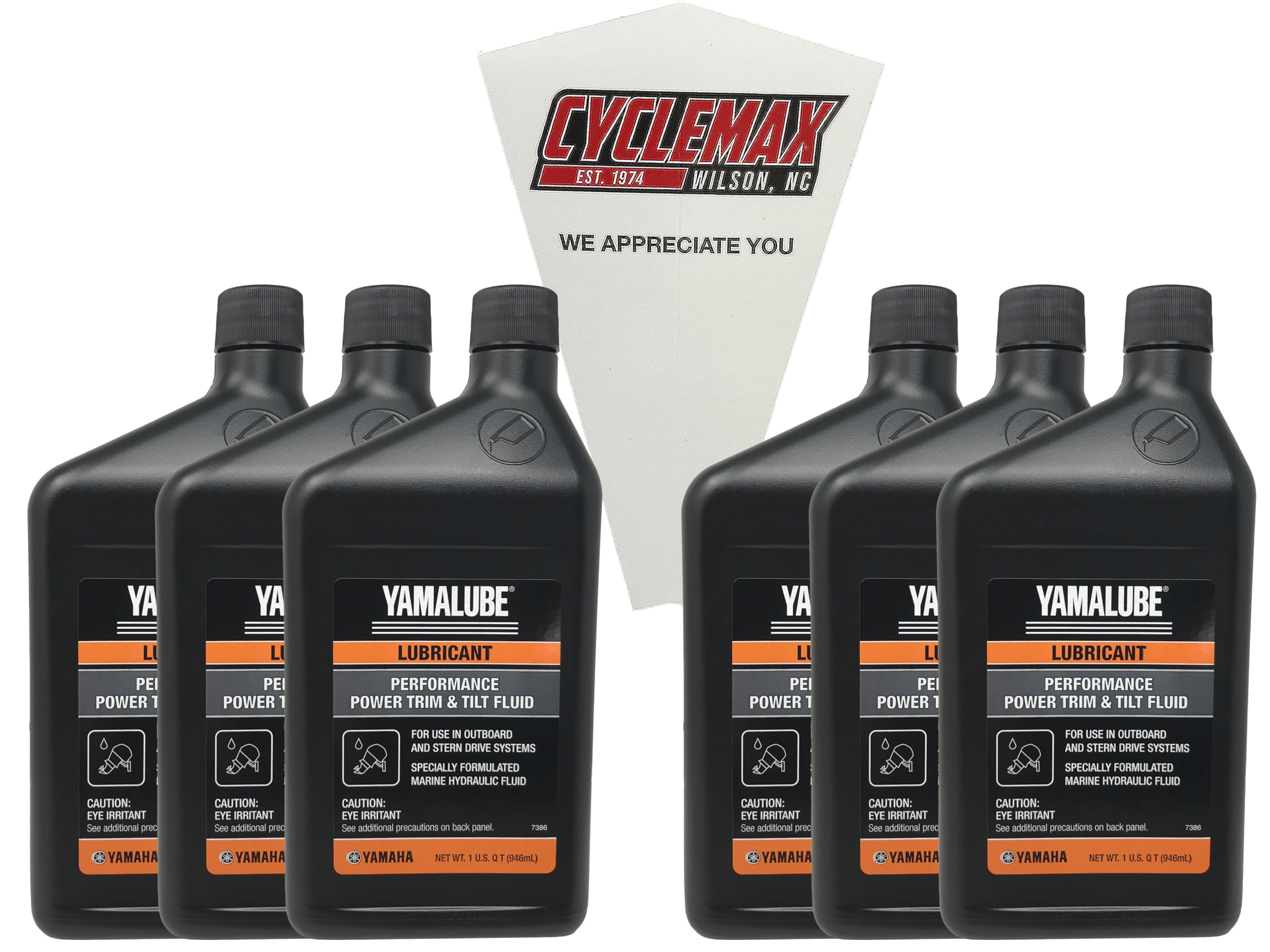 Cyclemax Six Pack compatible with Yamaha Performance Power Trim & Tilt Fluid ACC-PWRTR-MF-32 Contains Six Quarts and a Funnel