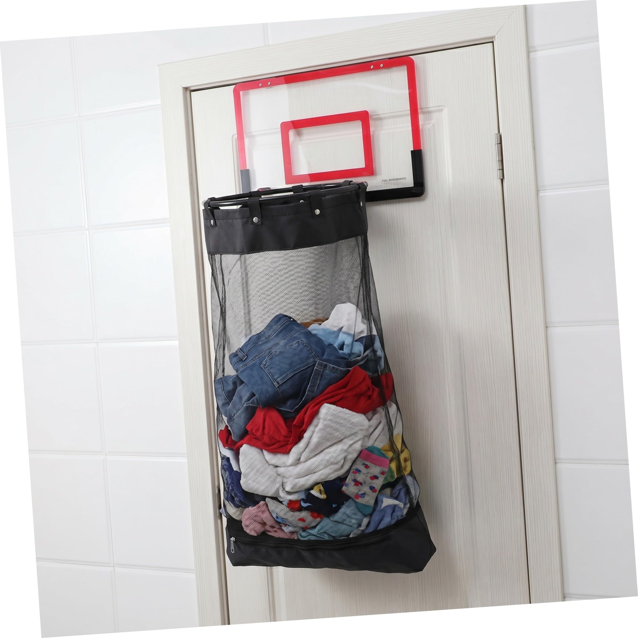 SOIMISS Roter Basketball Wäschekorb zum Aufhängen an Tür mit Reißverschluss Kunststoffnetz Platzsparend Interaktives Spiel für Badezimmer und Kleine Wohnungen 106x40x33 Cm