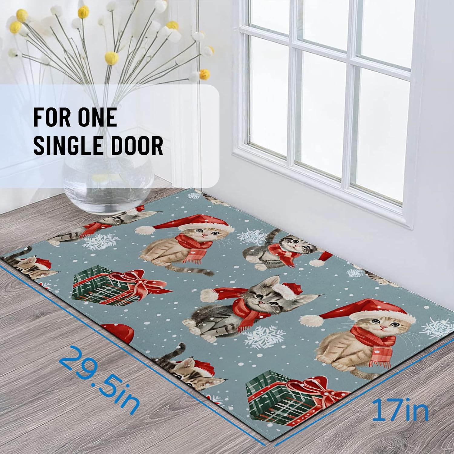 Cute Cat Indoor Door Mat 29.5x17in,Non Slip Backing Kitten and Snowflake Floor Mats,Non Woven Entryway Rug,Welcome Rugs Christmas Decor,for Entrance Bedroom Kitchen,Winter Doormats Gifts