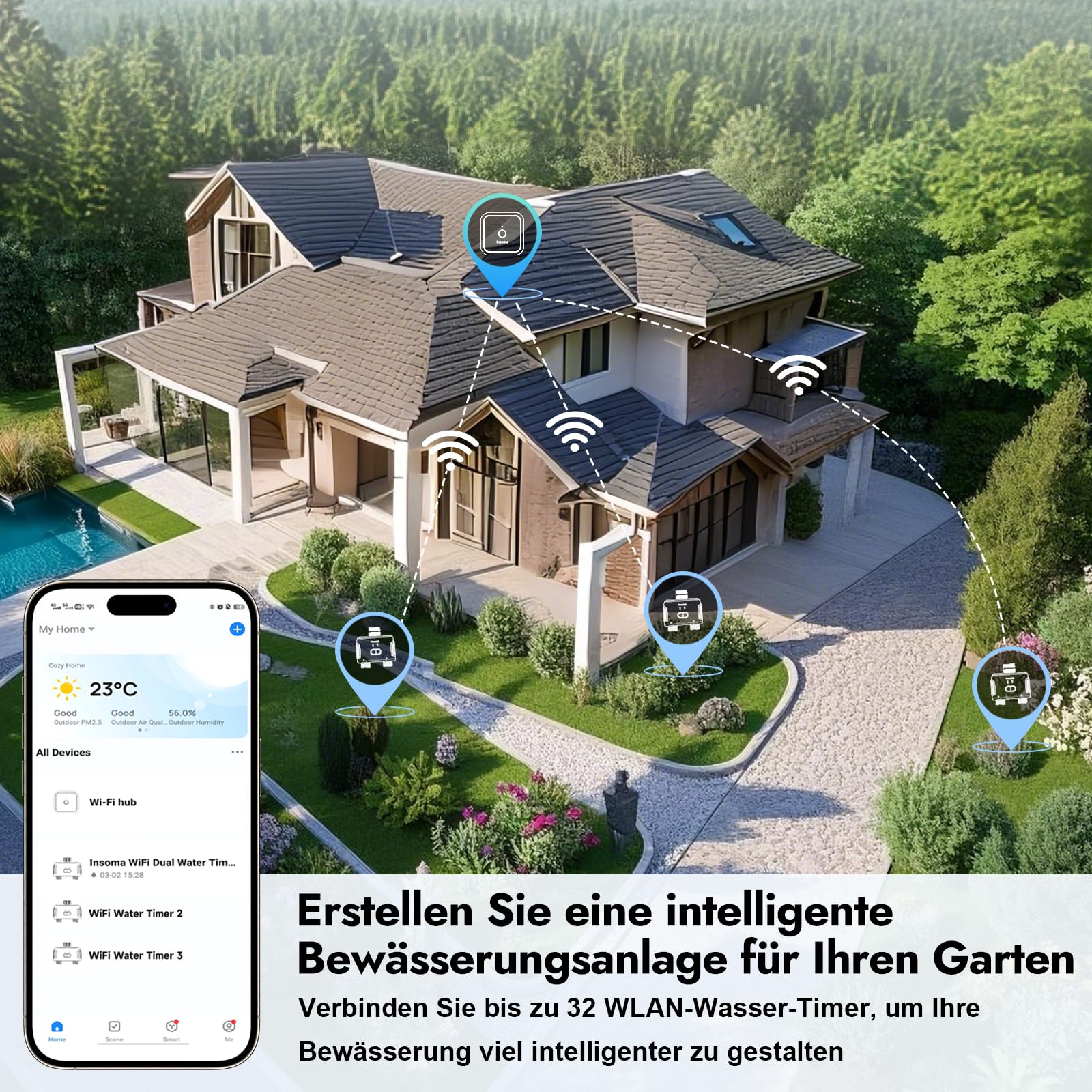 2-Zonen-Wasser-Timer mit Messing-Ein- und Auslass, Sprinkler-Timer für Gartenschlauch, APP-Fernbedienung, WiFi-Schlauch-Timer mit Gateway, Sprachsteuerung mit Alexa, Regenverzögerung und manueller Mod
