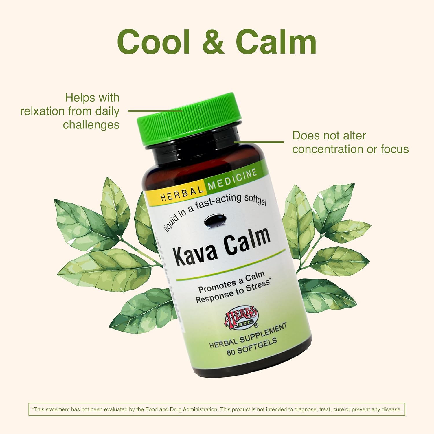 Herbs Etc. Kava Calm Complex - Herbal Supplement to Support Natural Relaxation - Supports Restful Sleep - Nerve Soothing Supplement - 60 Softgels (60 Servings)