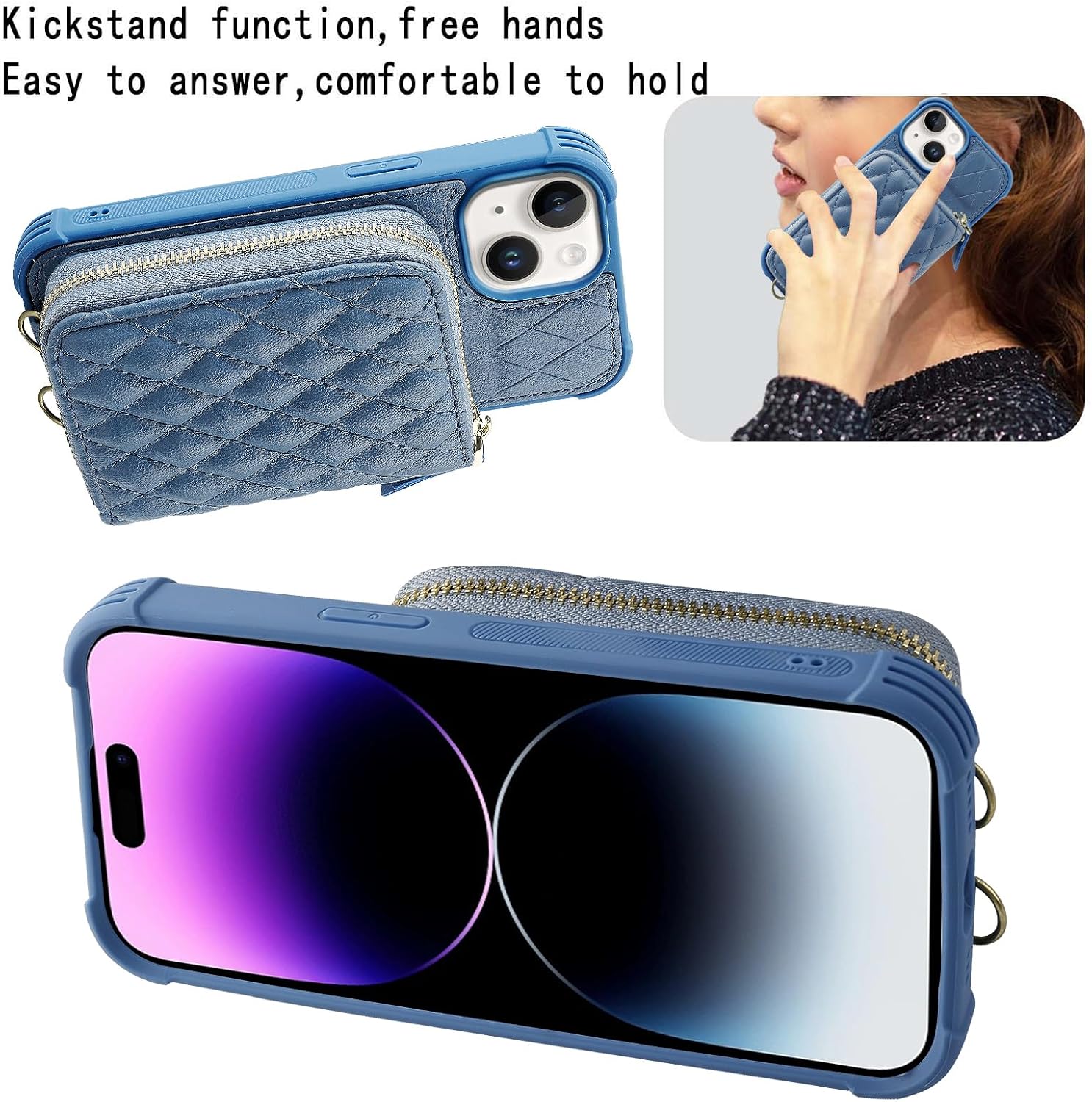 MONASAY Zipper Wallet Case Compatible for iPhone 15 Plus/14 Plus,6.7in[Screen Protector][RFID Blocking]Flip Leather Handbag Phone Cover with Card Holder&Detachable Crossbody Lanyard Strap, Light blue