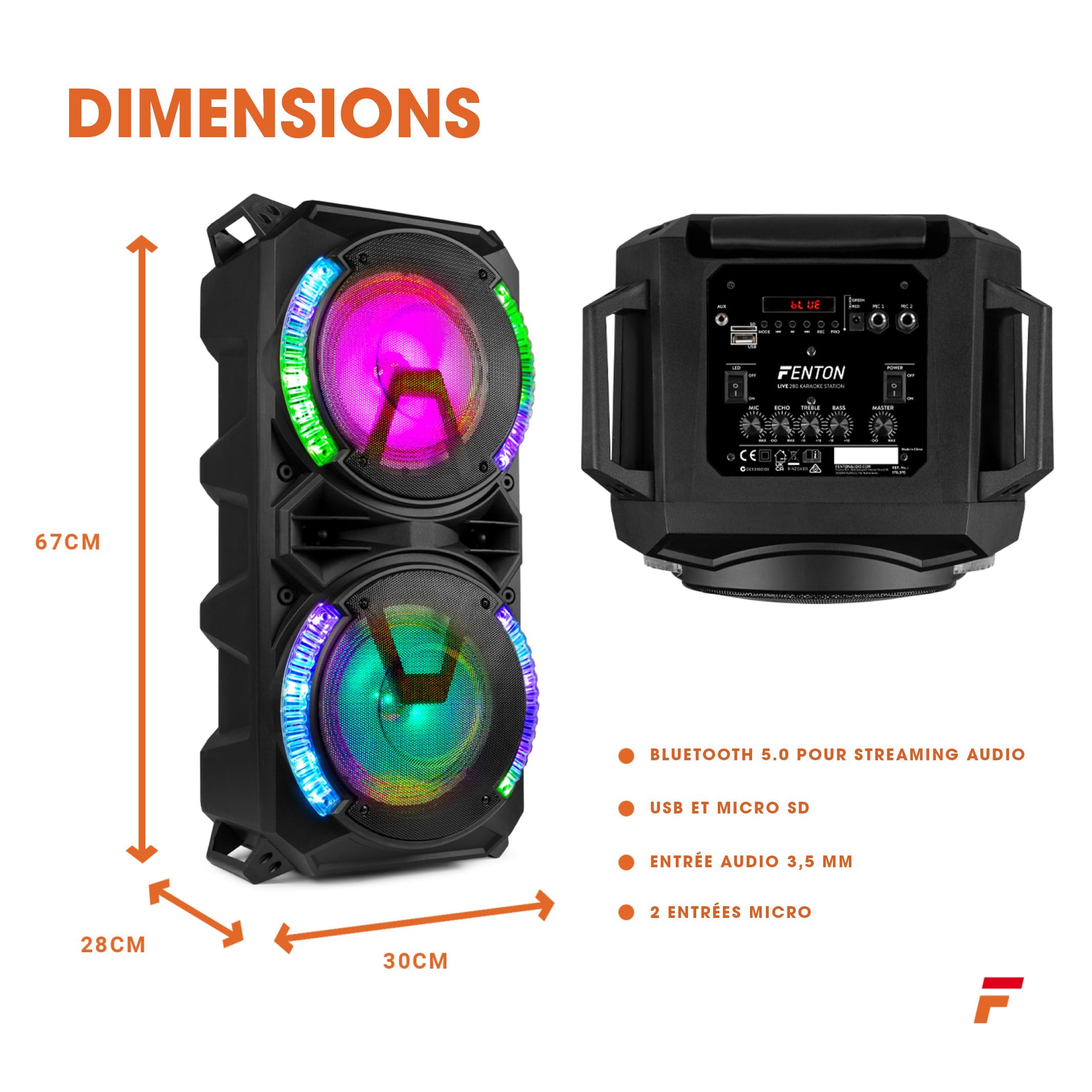 Fenton LIVE280 Enceinte Karaoke LED 2X 8”, 900W Max, 2 Microphones, Trolley et roulettes, Eclairage LED en Façade on/Off, USB et Micro SD, AUX, Connexion Bluetooth 5.0, sur Batterie ou Secteur