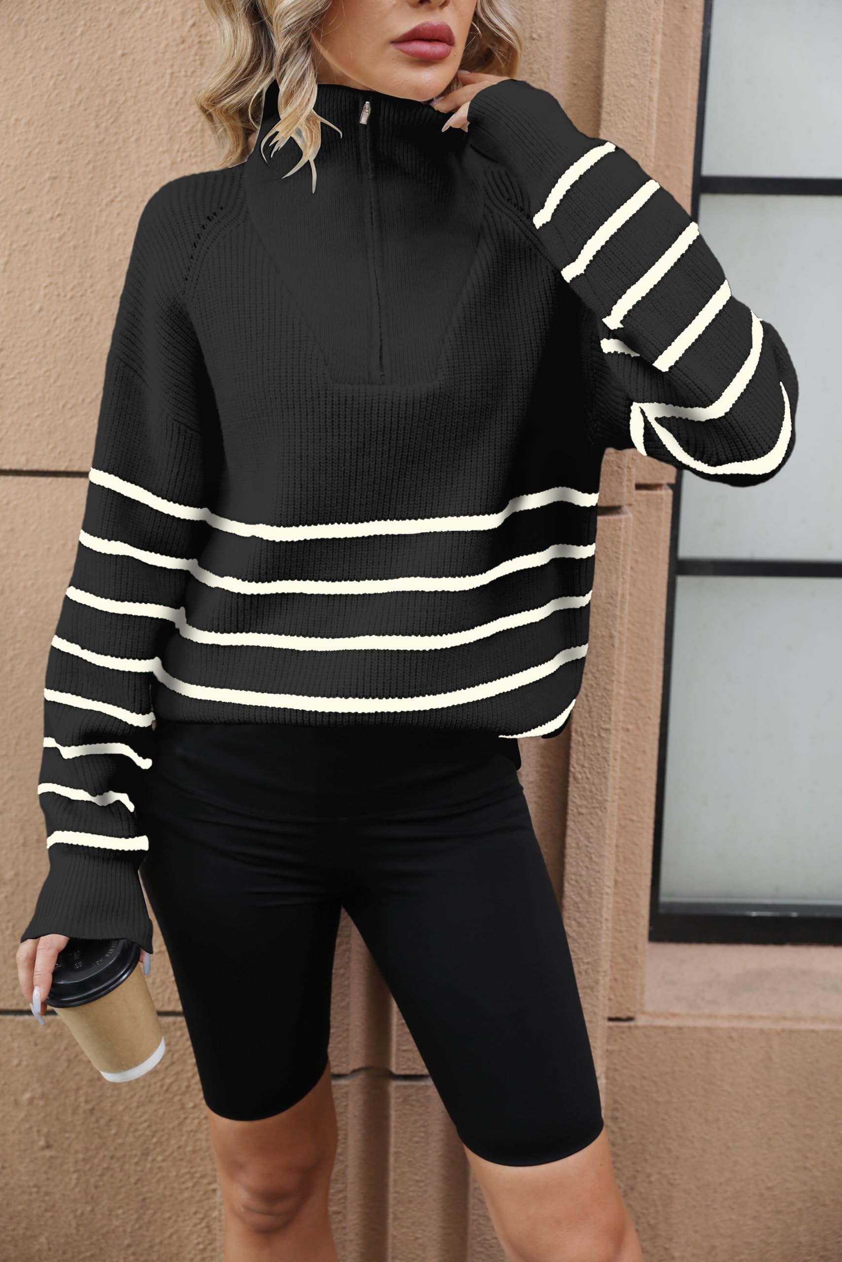 Maglione da donna a righe con mezza cerniera pullover maglione a maniche lunghe a costine lavorato a maglia oversize oversize, nero, XL