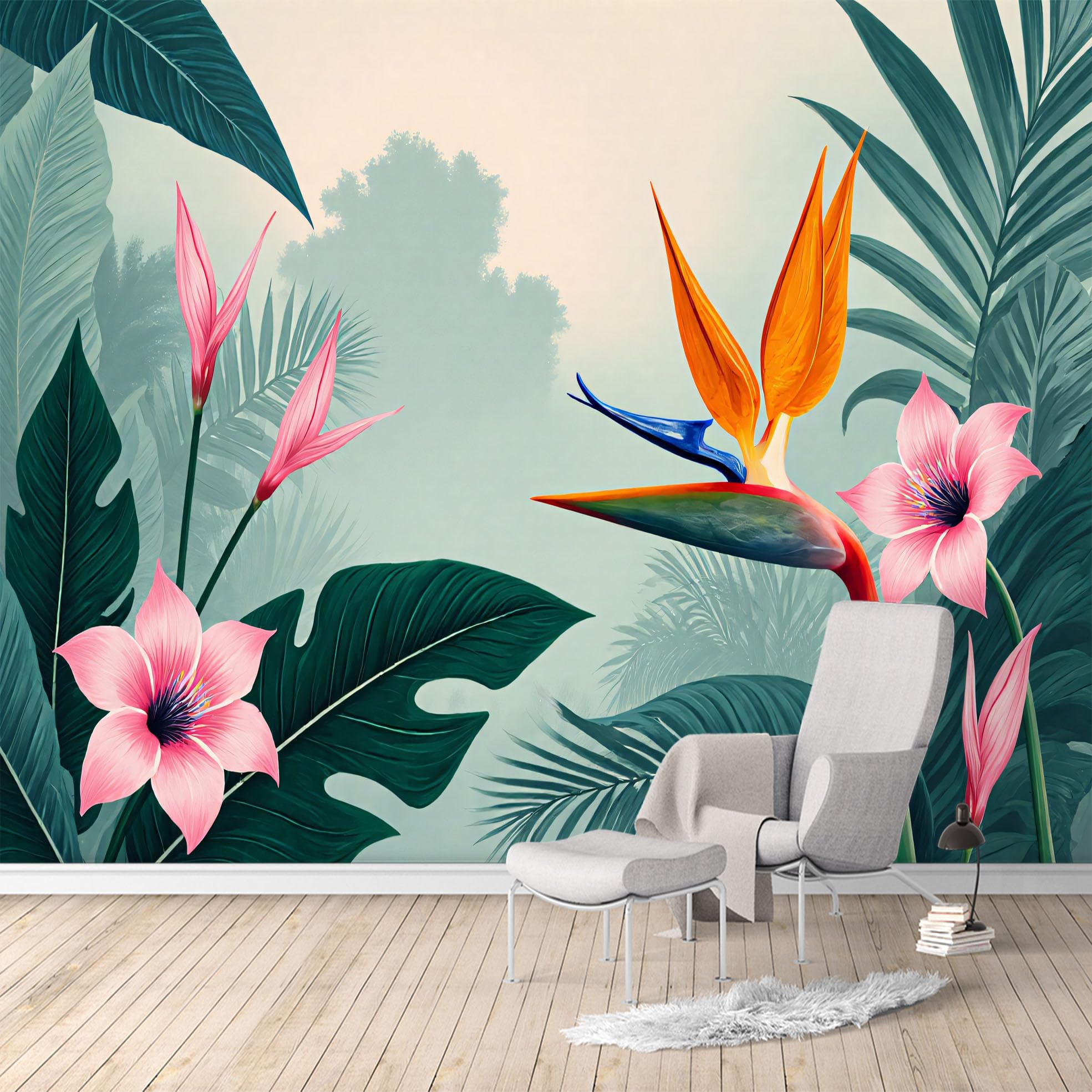 Custom Size Wall Murals,Tropical Jungle Bird of Paradise Pink Lily Botanical Leaves,SelfAdhesive Water Activated Removable Wall Covering,Large Photo Wallpaper for Living Room Bedroom Office