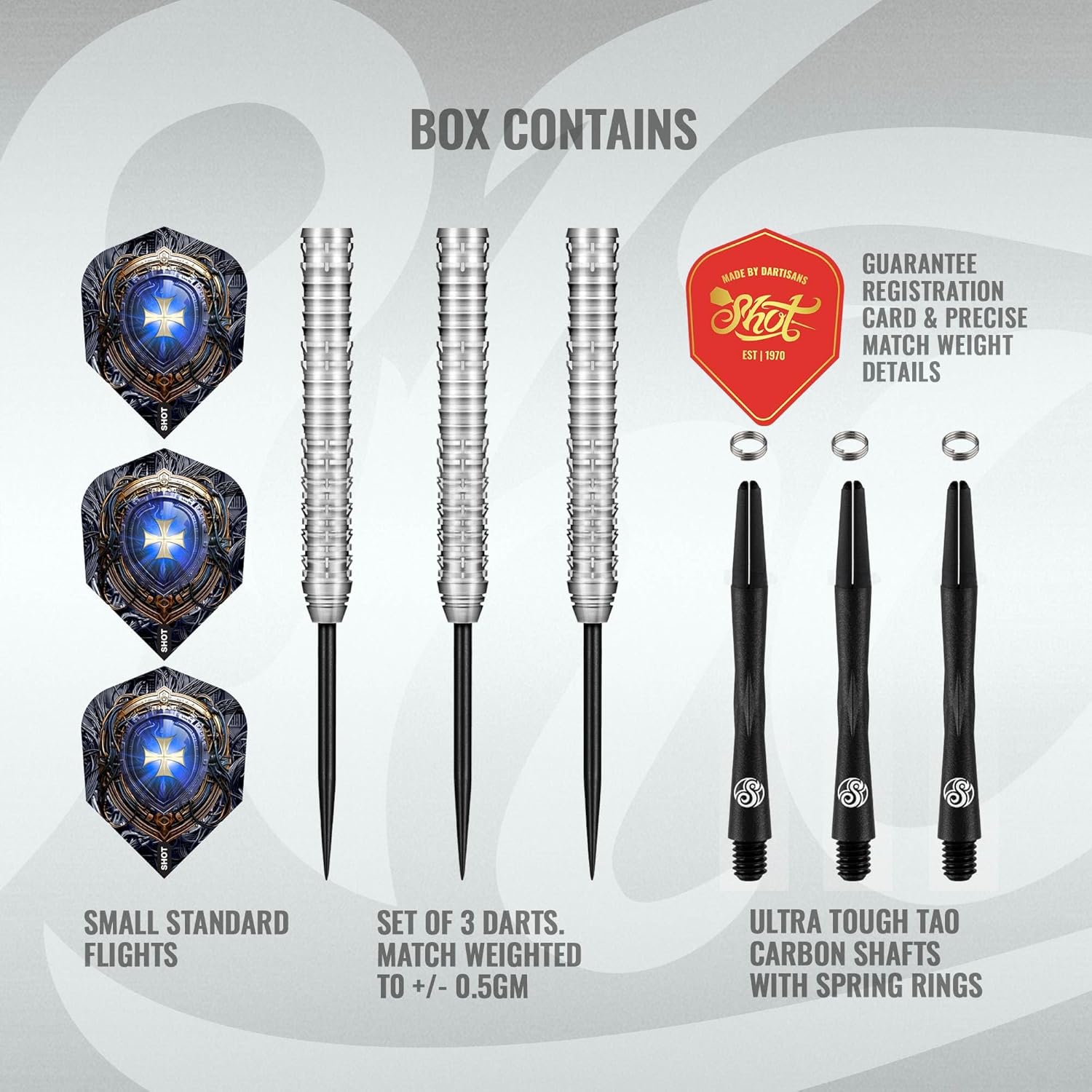 Shot! Darts Future Knights Iron Soul Steel Tip Dart Set | 90% Tungsten Barrels | Precision Machined for Accuracy | Professional Metal Tip Darts with Flights for Bristle Dartboard | Made in New Zealand