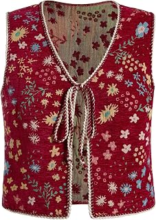 SweatyRocks Women's Floral Embroidered Tie-Front Crop Vest - Boho Western Cowgirl Concert Top