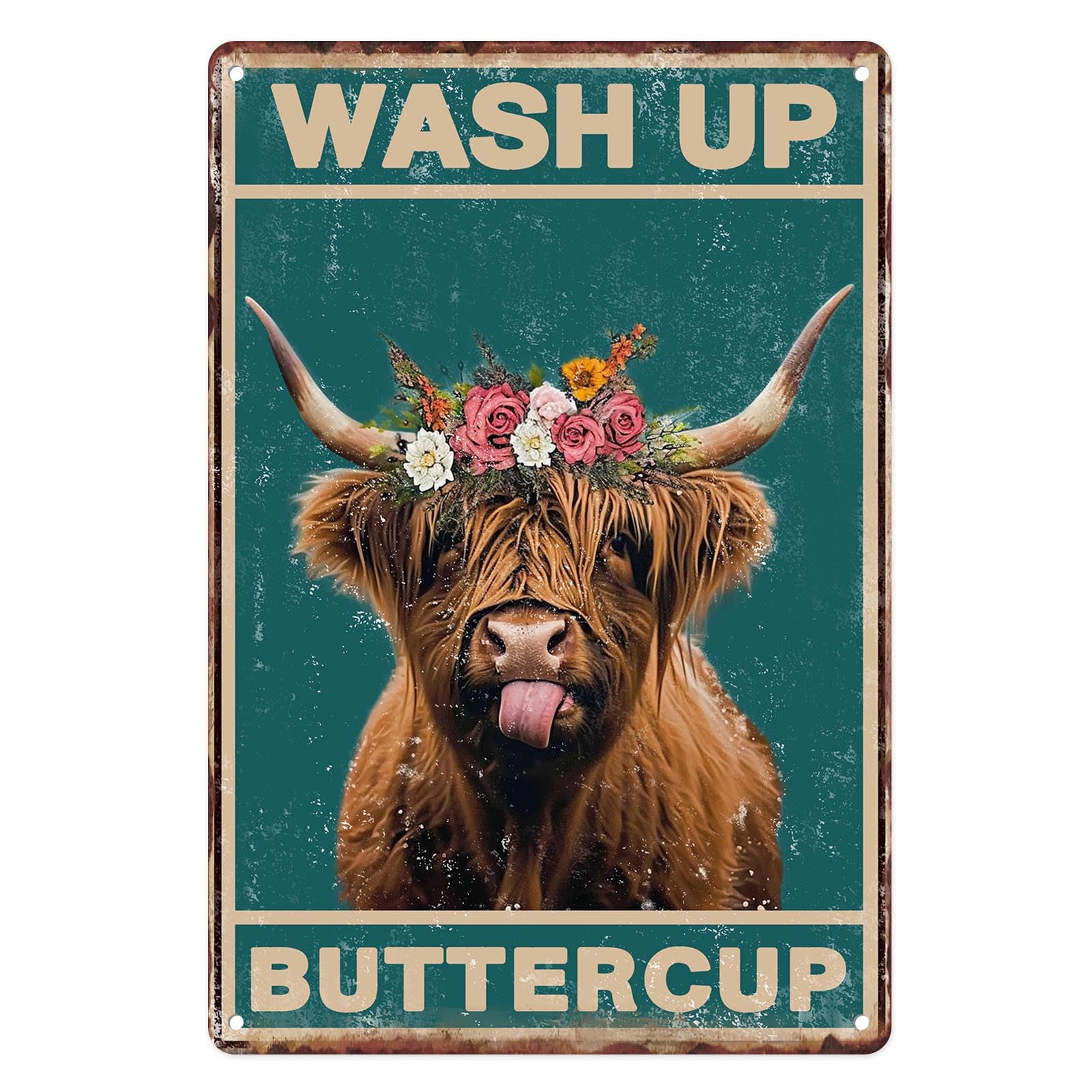 Metal Sign 8X12 Inch, Wash Up Buttercup Funny Highland Cow Vintage Tin Sign Wall Art Decor for Home, Bathroom, Toilet Decoration