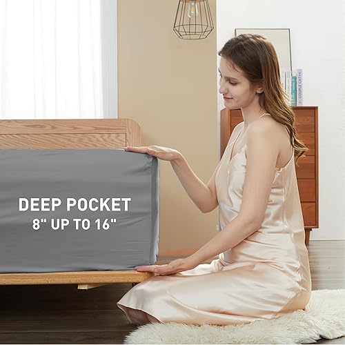 Miniatura 4 de sunflower Juego de sábanas de algodón tamaño Queen, sábanas de bolsillo profundo para hasta 16 pulgadas, sábanas de 4 piezas con diseño de ribete