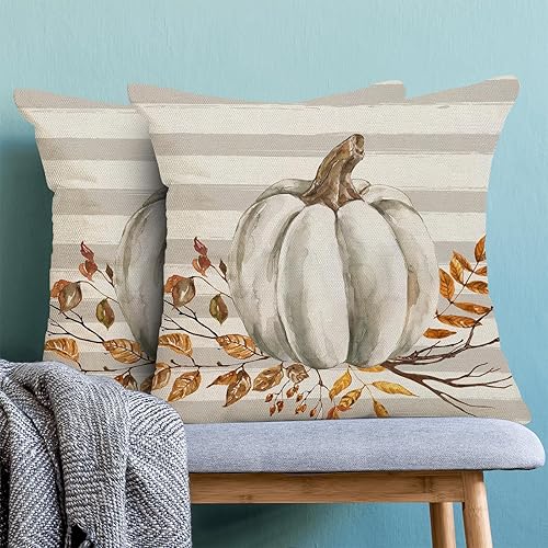 Miniatura 2 de Juego de 2 fundas de almohada de otoño de 18 x 18 pulgadas, fundas de cojín de calabaza en acuarela, rayas grises, flores de otoño, decoración de