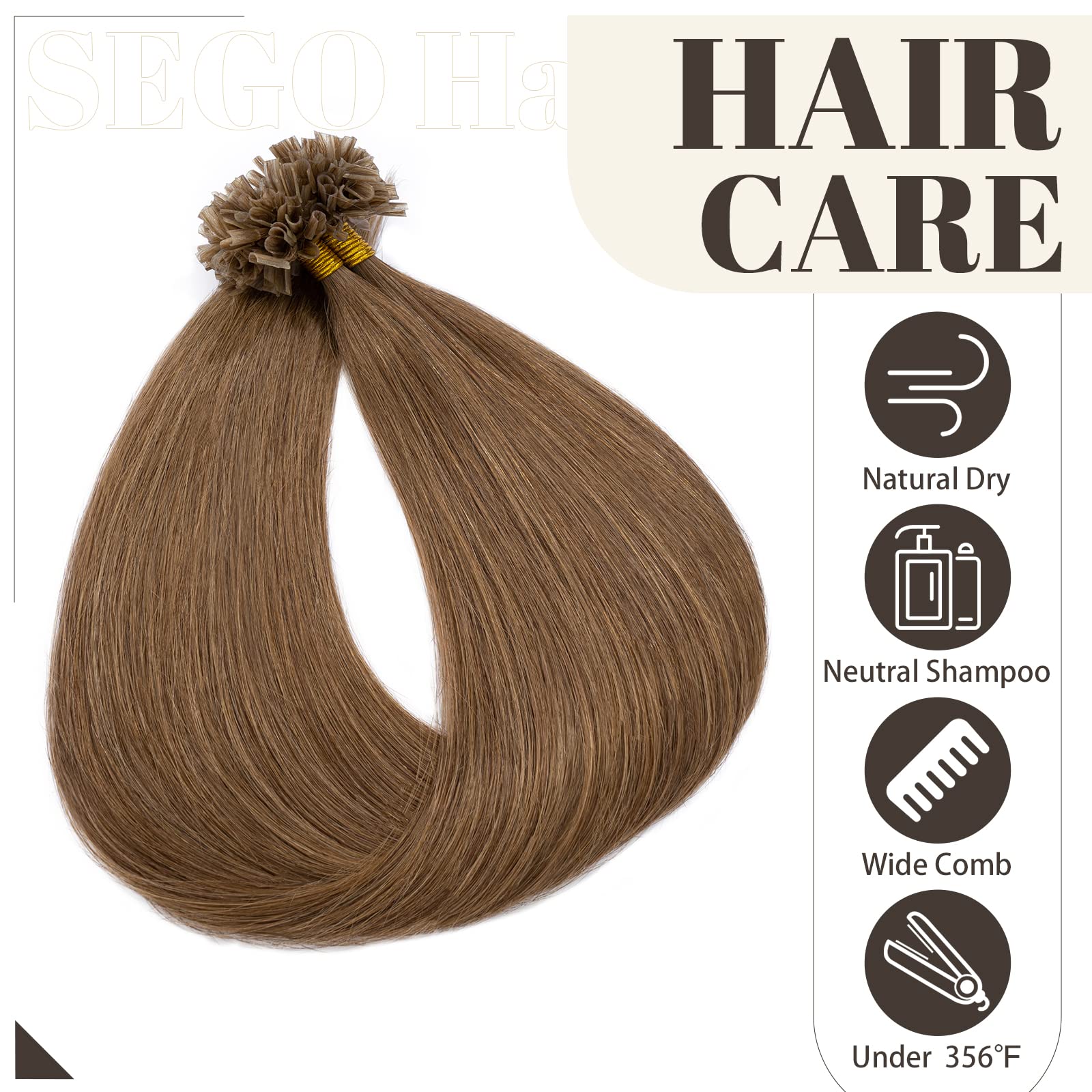 SEGO Extensiones Queratina Pelo Natural sin Clip U Tip Castaño Claro 100 Mechas 50g