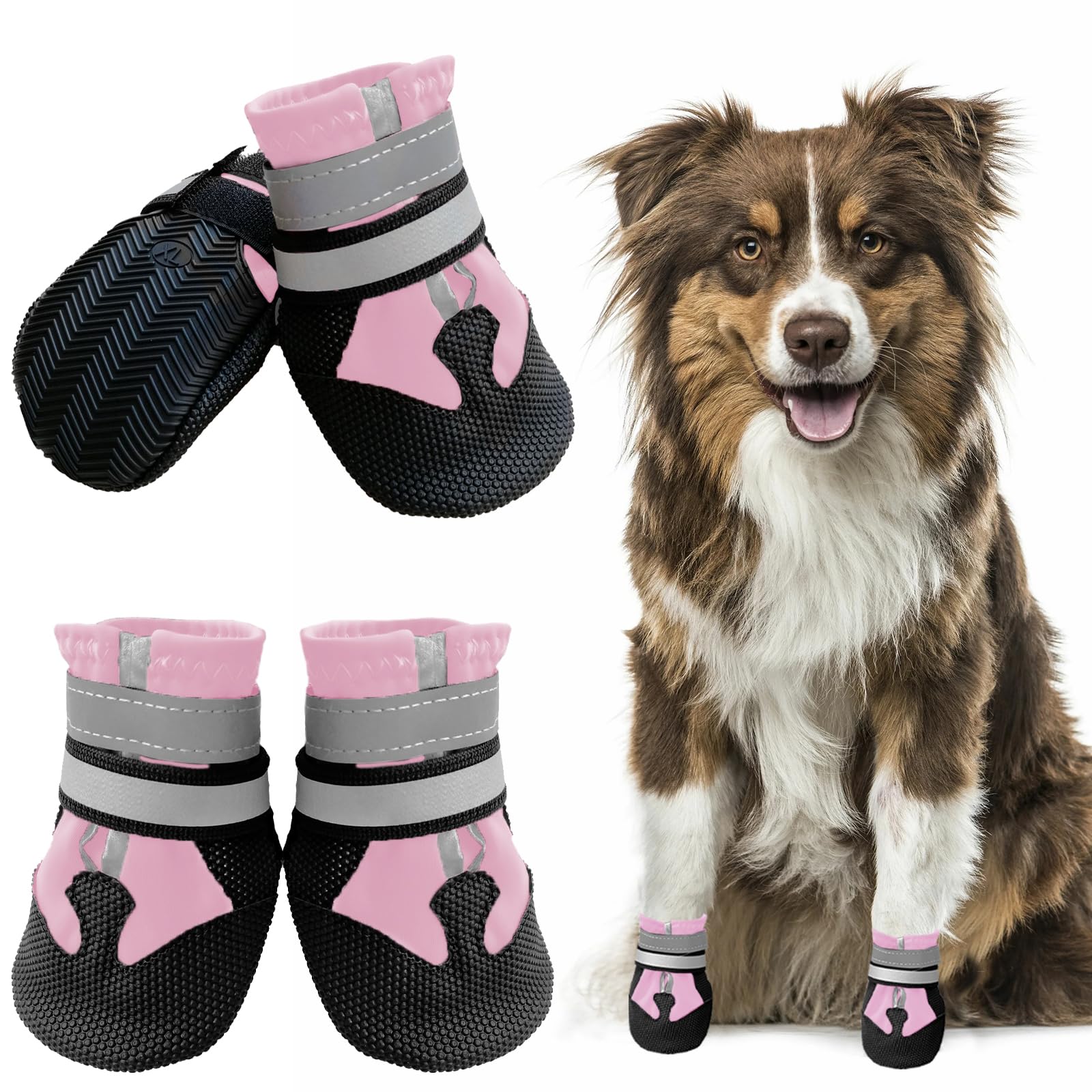 Muecleao Dog Shoes, Paw Protection, Pack of 4 Waterproof Non-Slip Dog Boots with Non-Slip Sole and Reflective Fastening