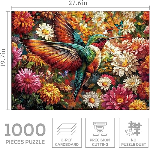 Miniatura 3 de Rompecabezas de flores coloridas de colibrí, 1000 piezas para adultos, pájaro, girasol, mariposa, naturaleza, rompecabezas de plantas, primavera,