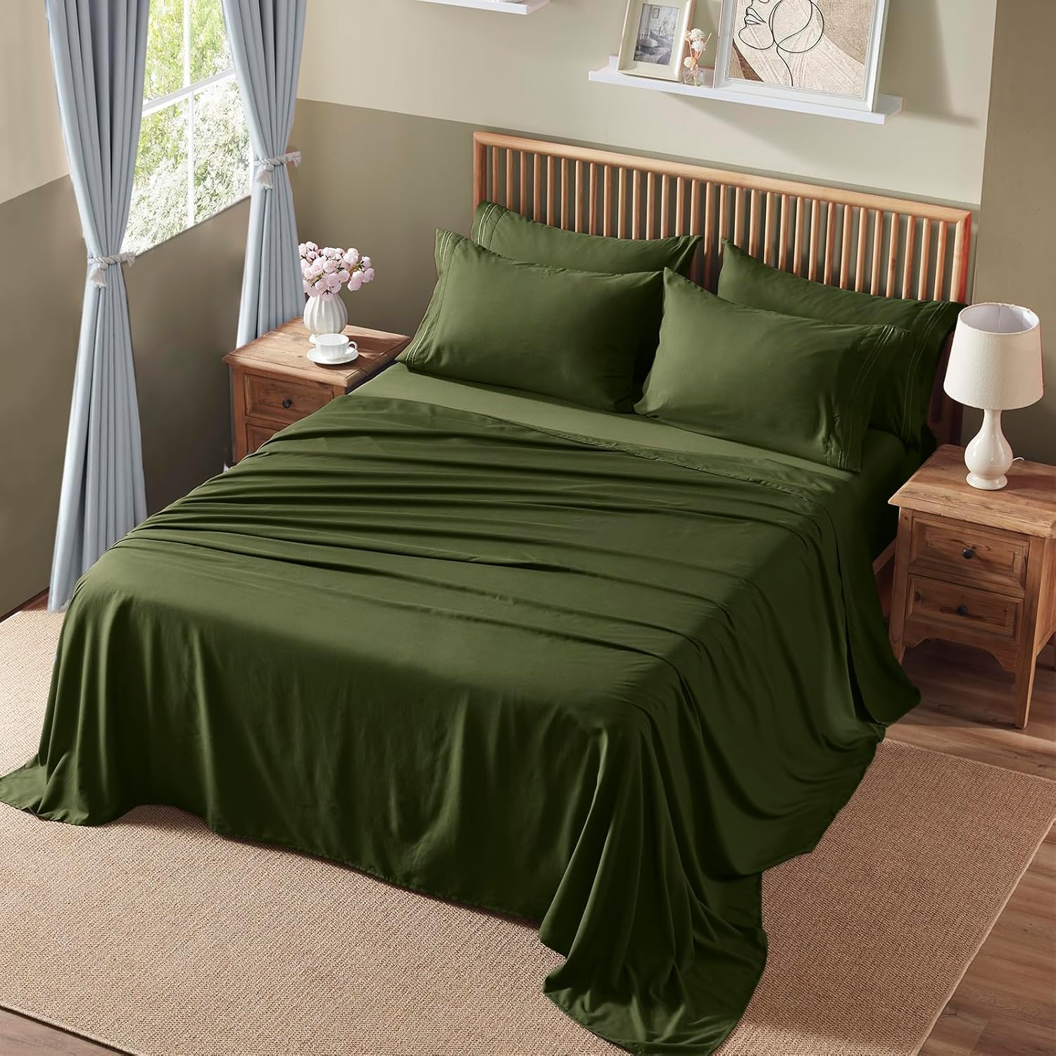 Homiest Extra Deep Pocket King Size Sheets Set, 6 Pieces Soft Olive Green Sheets 18-24 Inch Deep Pocket Bed Sheets, Hotel Luxury 1800 Thread Count Microfiber Bed Set Fits Ultra Deep Mattress - Image 7