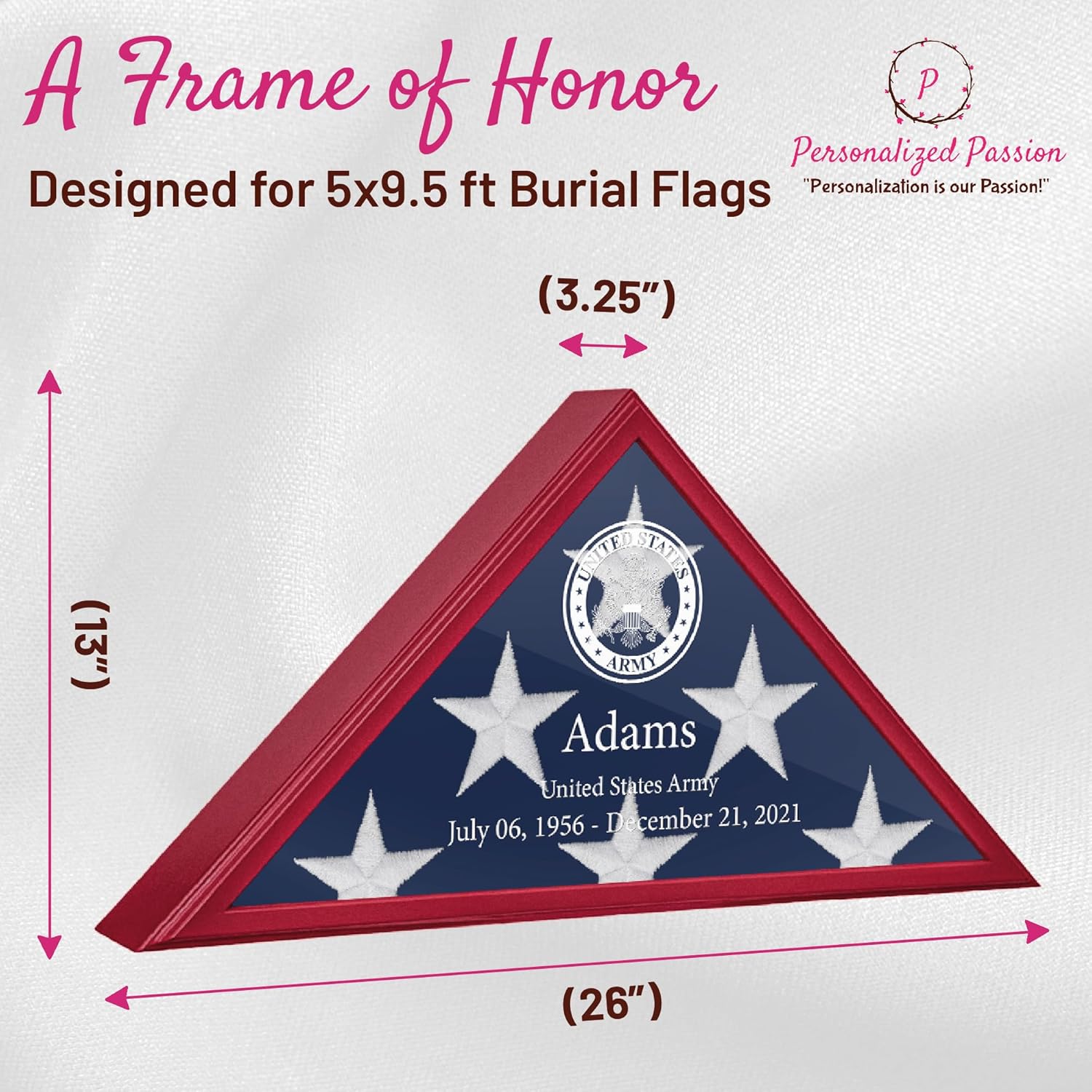 Personalized Passion Case for Burial Flag - Wall Mount Case with Glass Front - Durable and Sturdy Solid Wood Holders for 5x9.5 Feet American Veteran Flag (Brown - 5’ x 9.5’ Personalized)