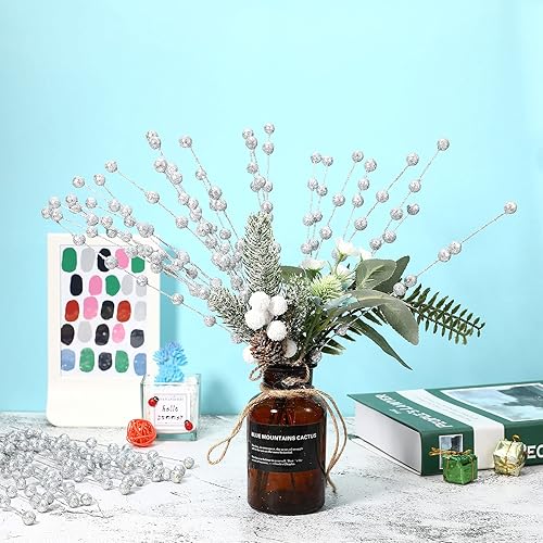 Miniatura 5 de Syhood 200 tallos de bayas con purpurina, 13.8 pulgadas, ramas de acebo para decoración de árbol de Navidad, adornos de vacaciones, decoración del