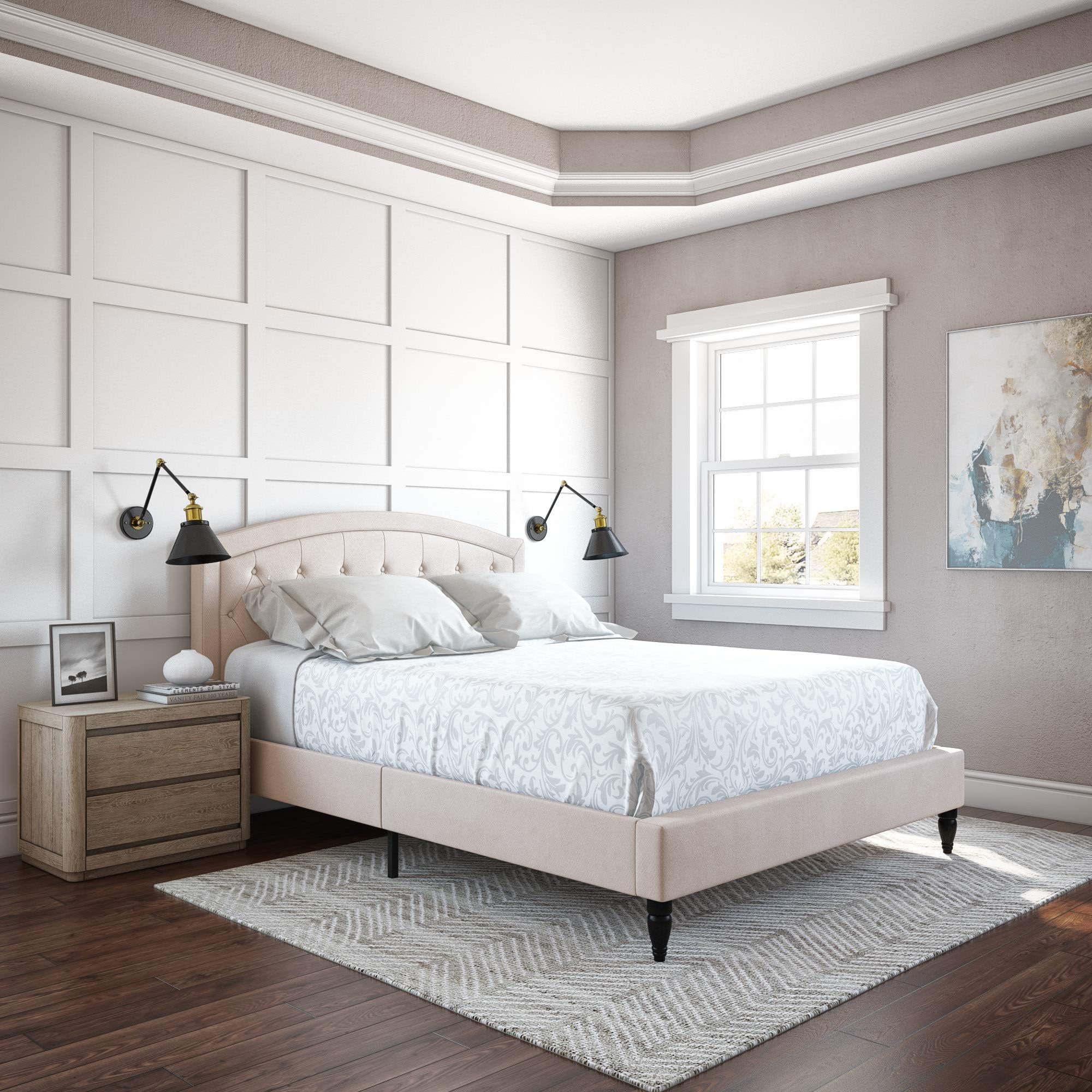 Classic Brands Wellesley Upholstered Platform Bed | Headboard and Metal Frame with Wood Slat Support, Full, Linen