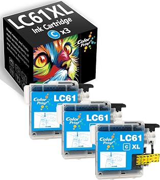 Compatible LC61 Cyan Ink Cartridge Replacement for Brother LC61CL Ink LC61XL for MFC-J615W DCP-385CW DCP-J125 DCP-J140W MFC 255CW 295CN 495CW 5890CN 6890CDW 790CW J220 J265W J410W 3-Pack