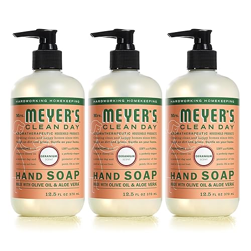 Mrs. Meyer's Clean Day - Jabón de manos, hecho con aceites esenciales, fórmula biodegradable, geranio, 12.5 onzas líquidas, paquete de 3
