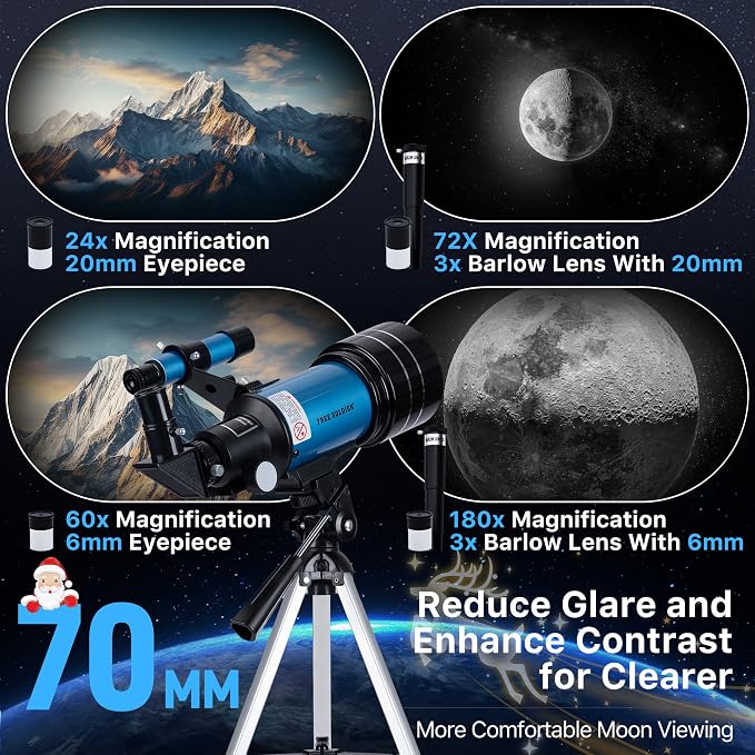 Telescopio FREE SOLDIER 70mm Refractor Astronómico 300mm miniatura 4