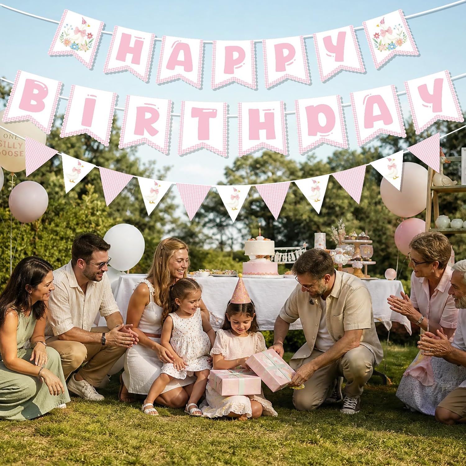 One Sillly Goose Birthday Banner, Pink Cute Goose Gingham Banner with Pennant Party Decorations, Happy Birthday Funny Party Decor Photo Props Supplies for Girl