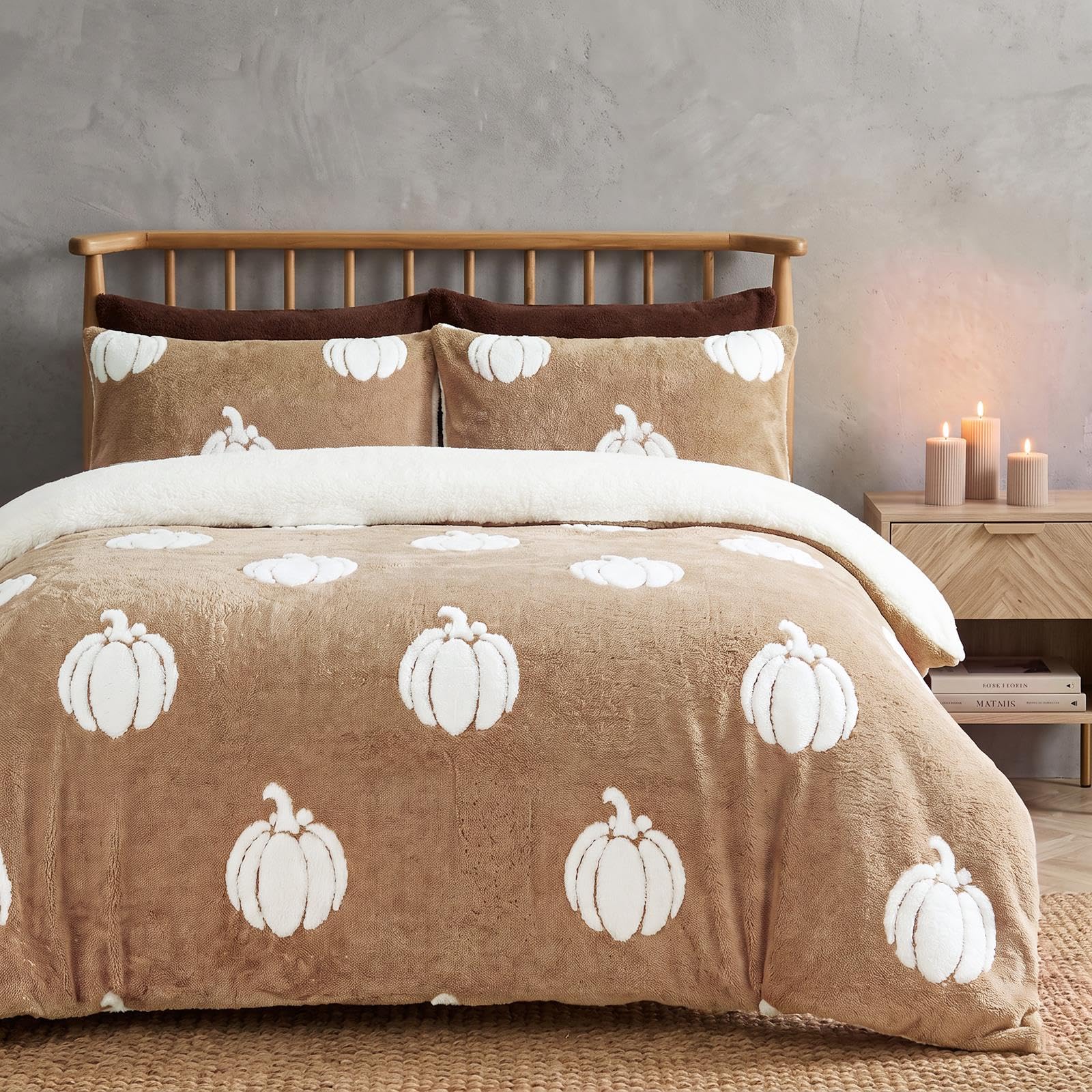 OHS Tufted Pumpkin Autumn Bedding Teddy Fleece Duvet Set Double, Natural — image 1