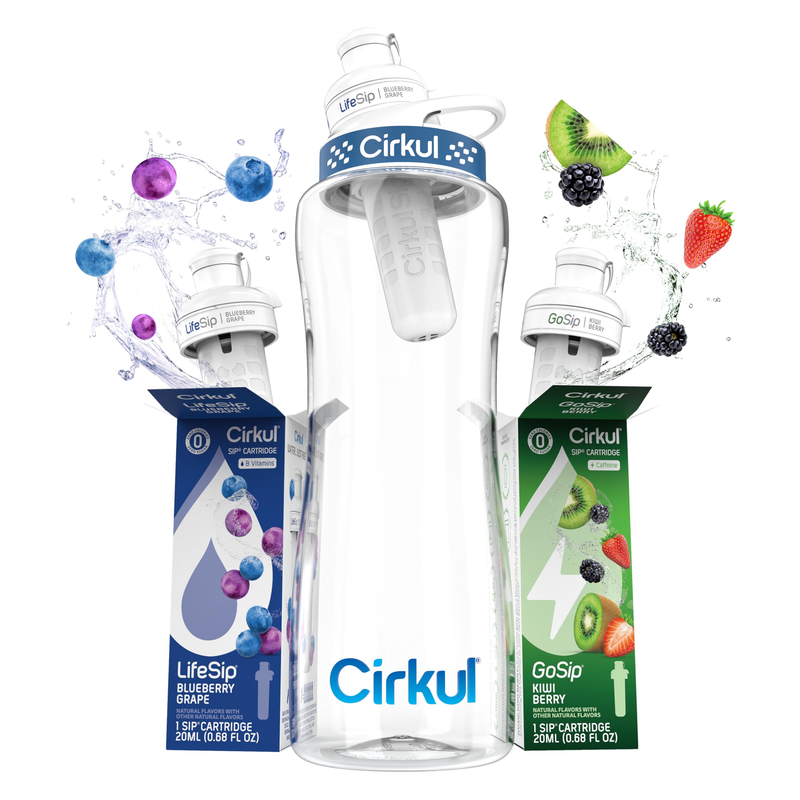 Cirkul32oz. BPA-Free Plastic Water Bottle Starter Kit with Navy Lid, 2 Flavor Cartridges (1 LifeSip Blueberry Grape, 1 GoSip Kiwi Berry) Zero Calories and No Sugar