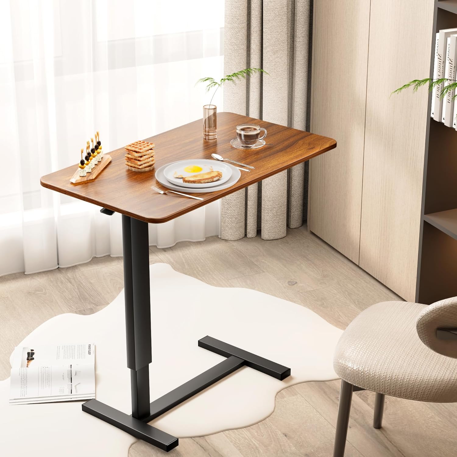 Adjustable Overbed Bedside Table with Wheels, Hospital Bed Table Extra-large 31.1" x 15.3",Tray Table for Home Use, Mobile Bedside Table ,Walnut Brown - Image 6