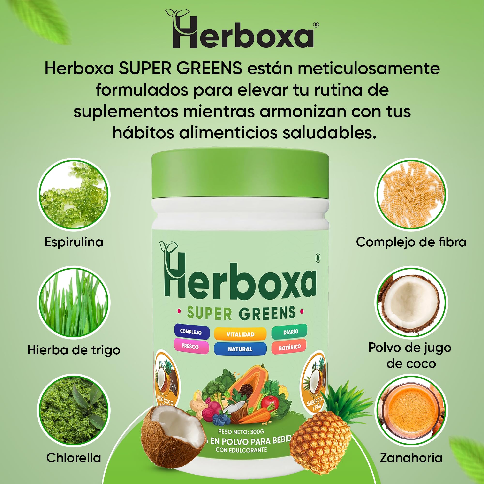 Herboxa Super Greens Polvo con Más de 30 Superalimentos Verdes, con Probióticos y Enzimas, Sabor coco piña, Complemento Alimenticio, 50 Porciones