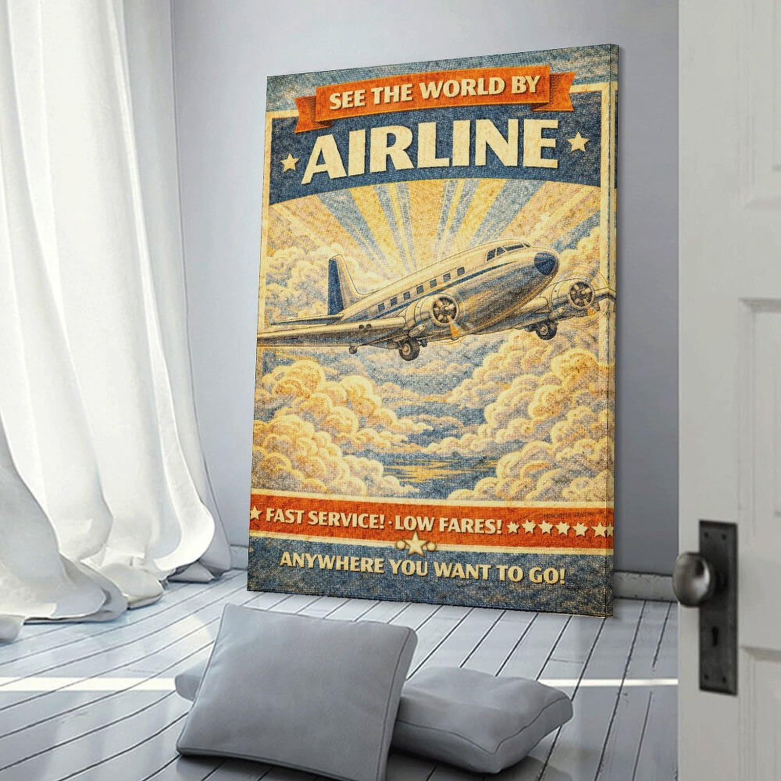 Junmoney Decorative Wall Artwork Vintage Airline Travel, 20x30inch(50x75cm), for Living Room, Lounge Or Sitting Room, Modern Wall Decor for Cosy Interiors