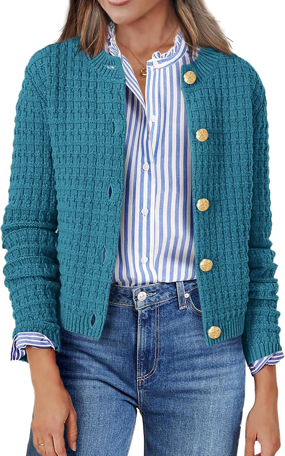 Zeagoo Women's 2025 Cardigan Sweaters Button Down Crew Neck Open Front Long Sleeve Knit Cropped Jackets