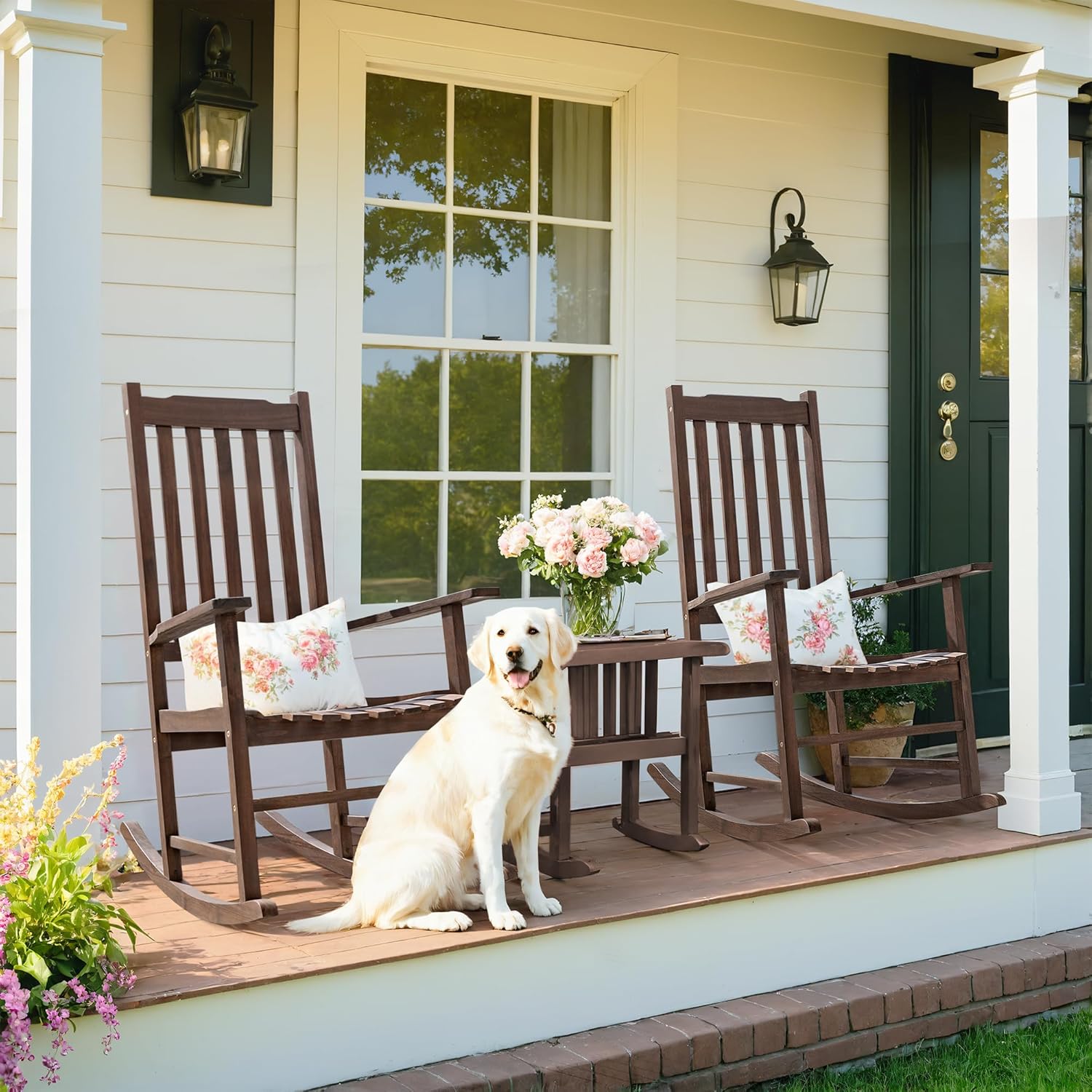 Greesum 2 Piece Acacia Rocking Chairs,Outdoor Bistro Furniture Set Pure Wood Framed for Porch, Lawn Garden, Deck,Brown