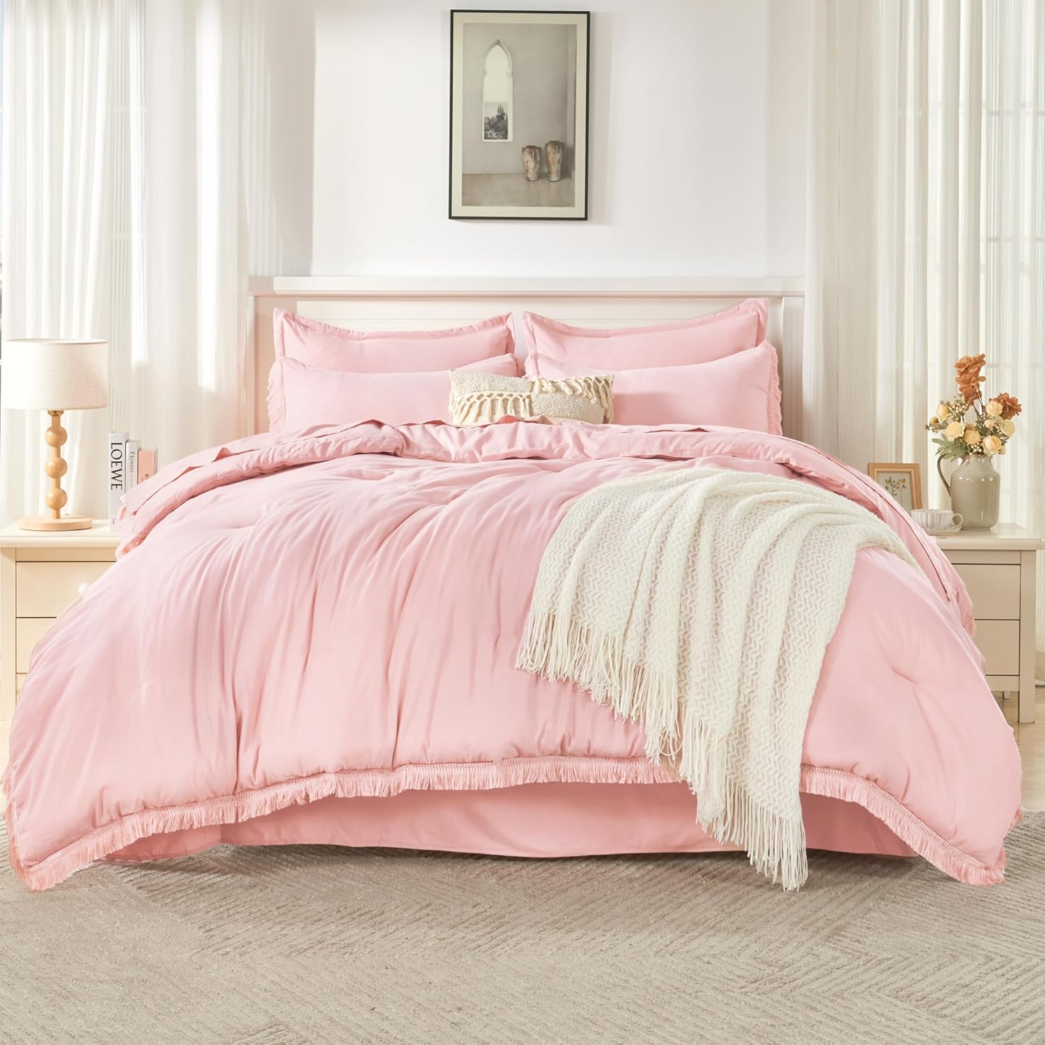 Andency Full Size Comforter Set Light Pink -7 Pieces Boho Tassel Bed in a Bag Soft Lightweight Bedding Sets, Rust Fringe All Season Bed Set with Comforter, Sheets, Pillowcases & Shams 16 - Light Pink Full (79"x90")