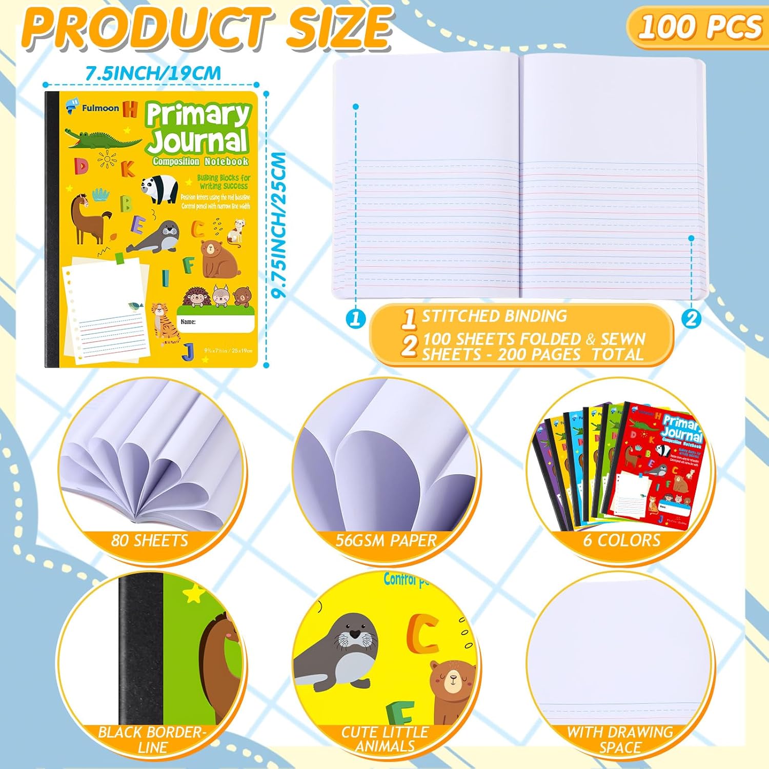 Fulmoon 100 Pcs Primary Composition Notebook K-2 with Picture Space Primary Journal Grades K-2 Draw and Write Journal Composition Book for Preschool Classroom, 80 Sheet (Multicolor)