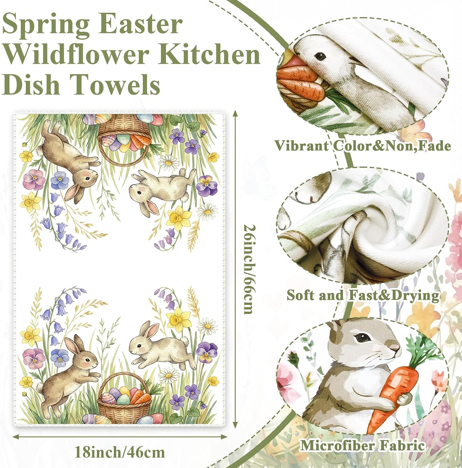 Tegeme 4 Pcs Spring Bunny Wildflowers Kitchen Towel Retro Vintage Flowers Dish Towels 18 x 26 Inch Floral Decorative Hand Tea Towel for Bathroom Baking Cooking Cleaning Holiday Party Supplies image 2