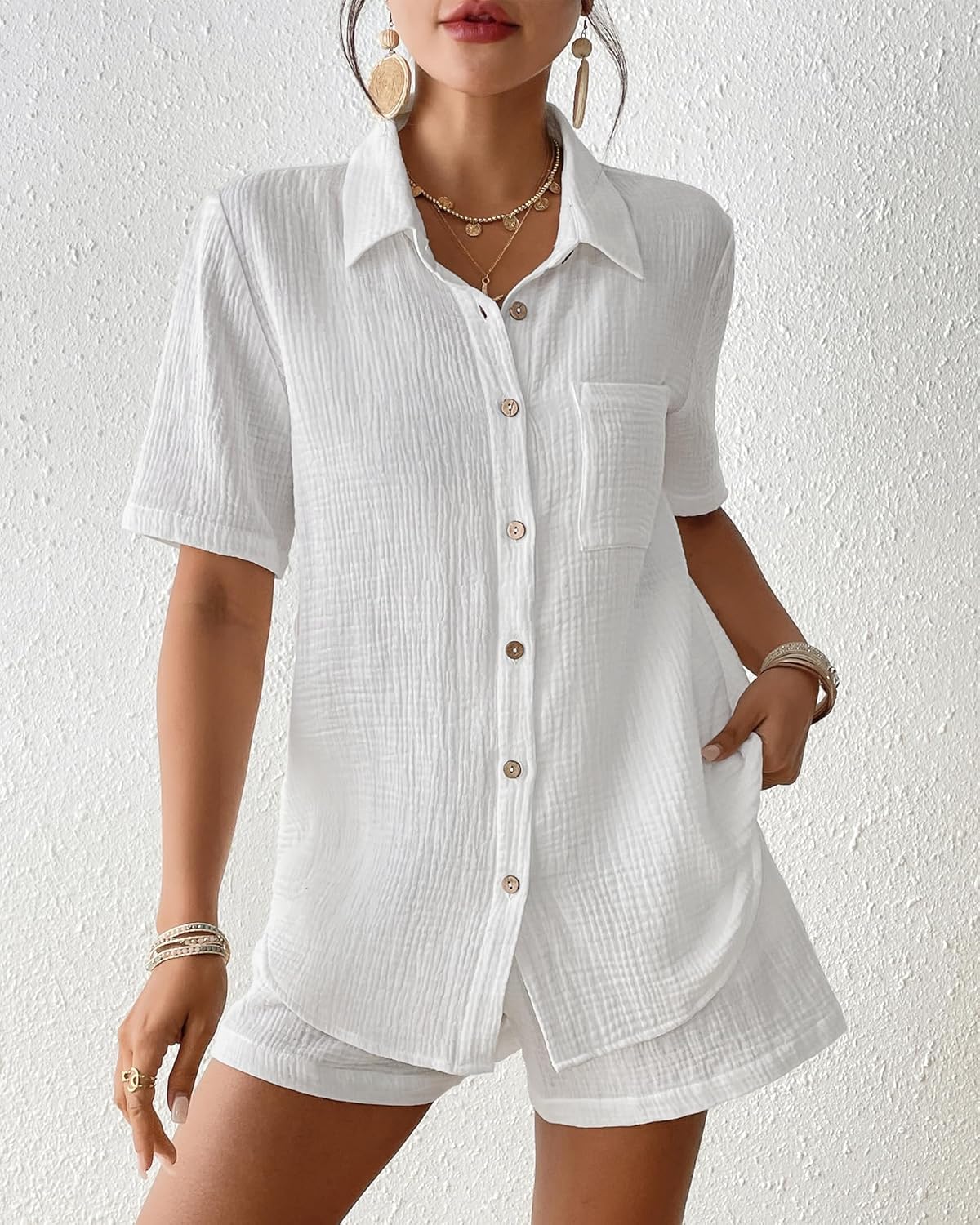 Bsubseach Womens 2 Piece Cover Ups Set Cotton Beach Short Sets Short Sleeve Button Down Shirt Shorts Resort Wear 2026 - Image 4