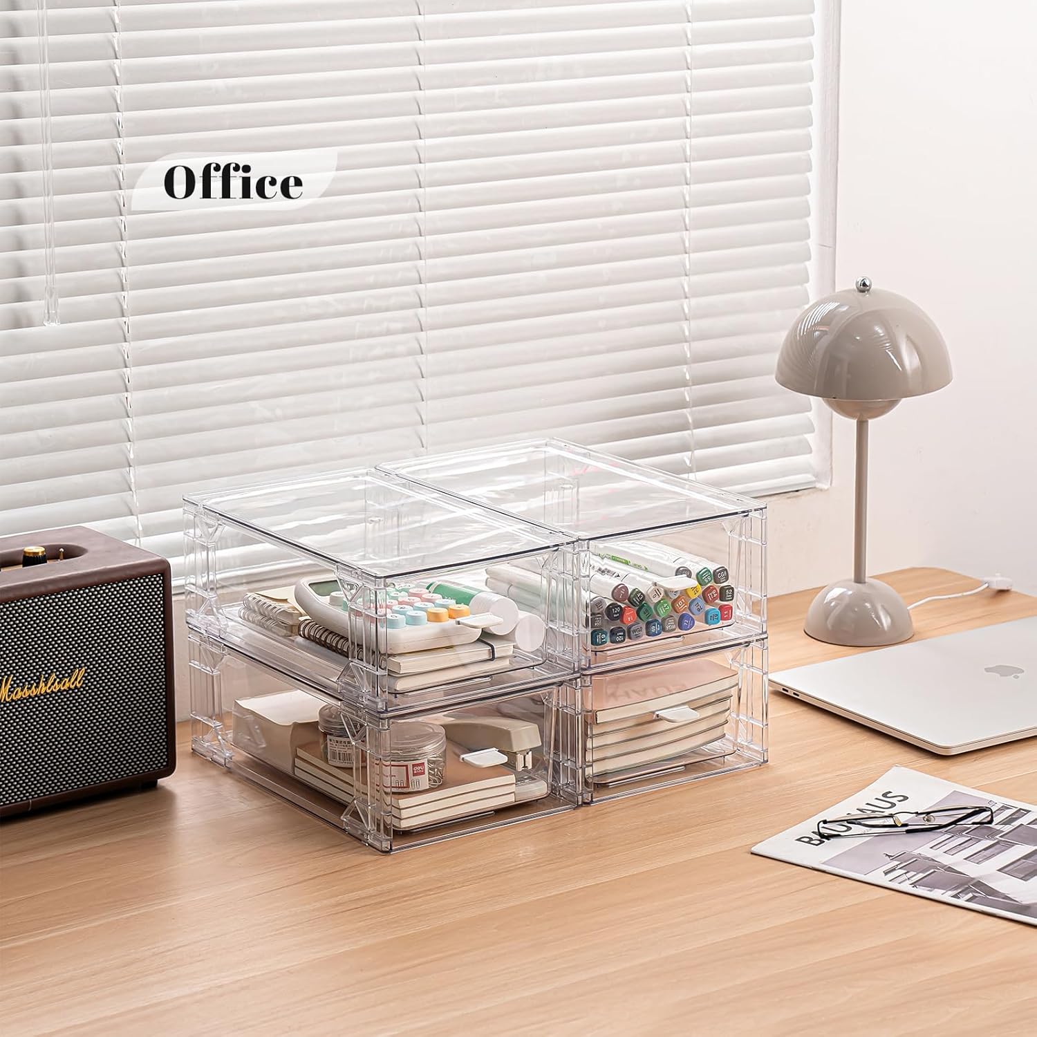 4 Pack Stackable Storage Drawers, Plastic Clear Organizer Bins with Handles, Easily Assemble for Undersink, Kitchen Cabinet, Fridge, Closet, Pantry, Office, Bathroom