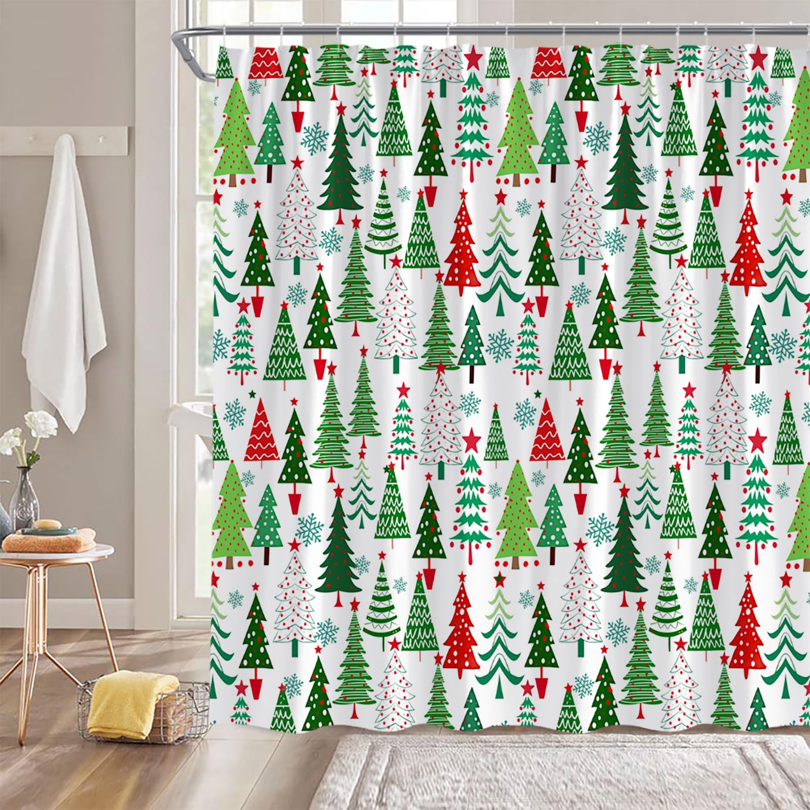 Merry Christmas Shower Curtain - Xmas Tree Snowflake Forest Design, 70x70 Inches, Waterproof Polyester With Hooks