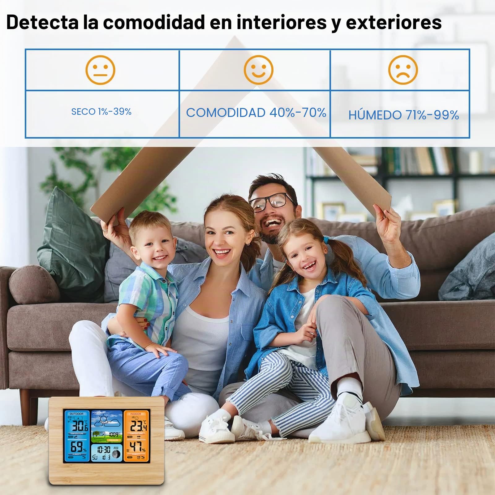 Estación meteorológica digital inalámbrica con sensor exterior, termómetro interior y exterior con tiempo, temperatura, humedad, barómetro, despertador (madera actualizaciones)