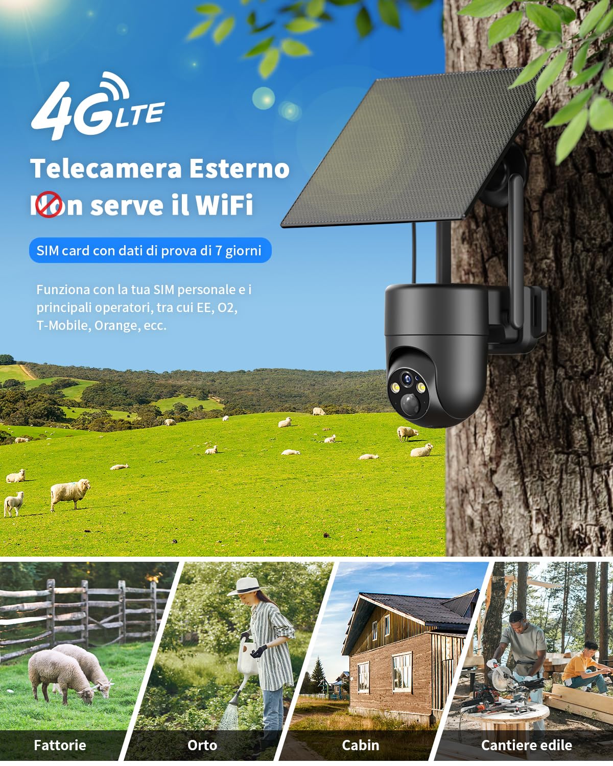 SEHMUA 4G LTE Telecamera Esterno senza Fili, 2K Solare con Sim | 360 PTZ Videocamera Sorveglianza senza wifi con Pannello Solare e Batterie, Visione Notturna, PIR Rilevamento, IP66