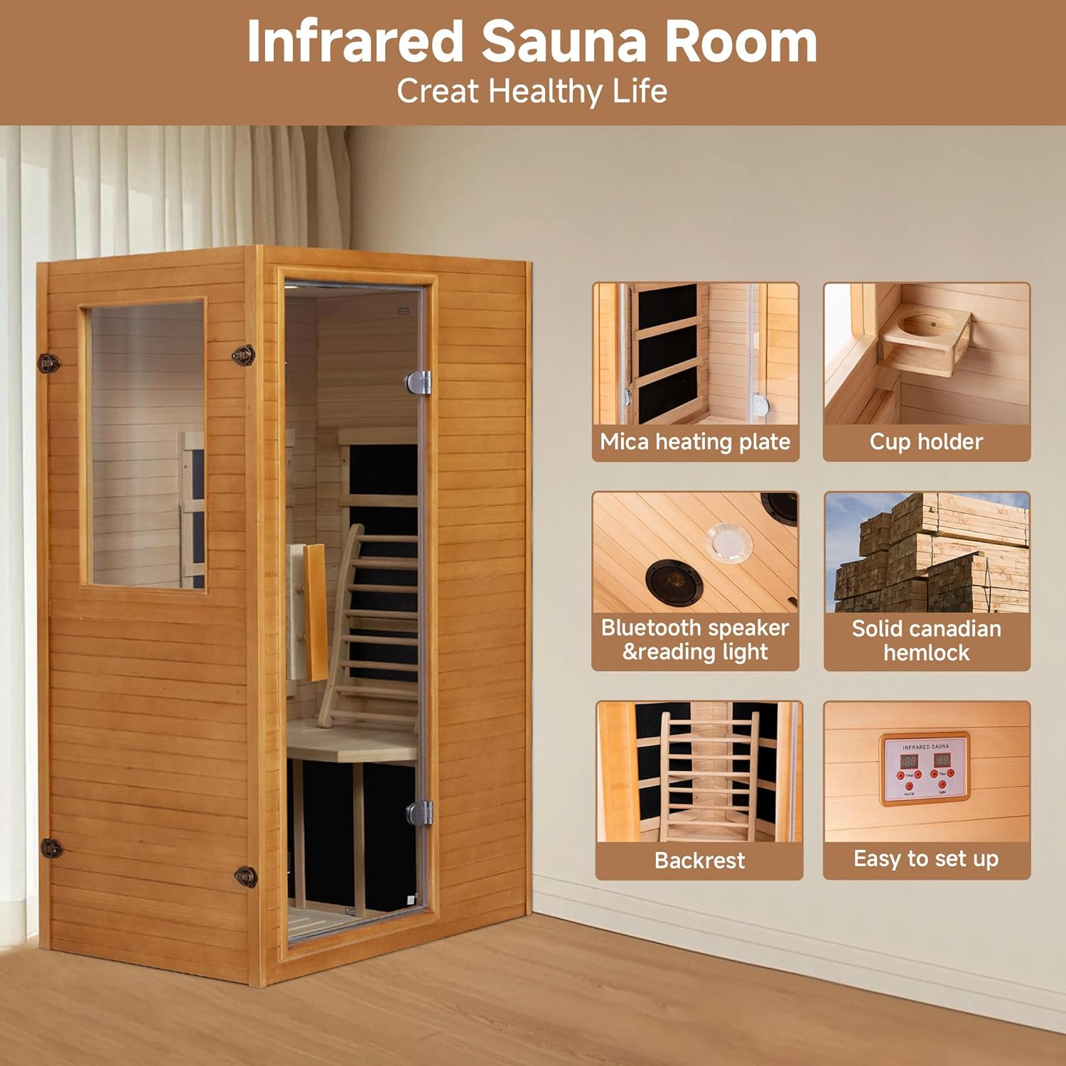 springspa Infrared Sauna Home Sauna, Indoor Far Infrared Saunas for Home, 1 Person Canadian Hemlock Wooden Spa Room, 950w 120v with Control Panel, 33 * 27.3 * 59 inch