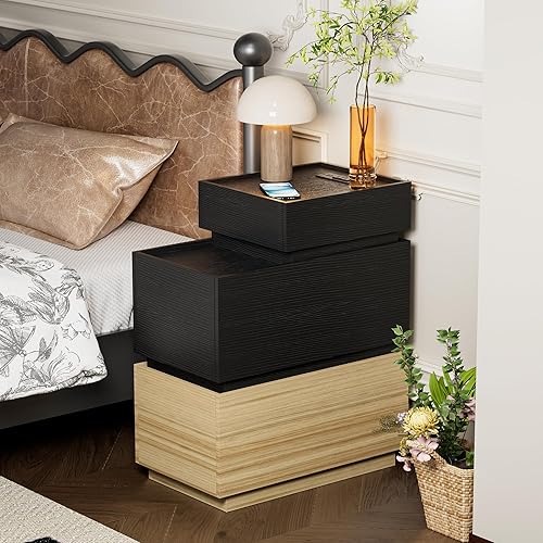 Miniatura 2 de UEV Mesa auxiliar con estación de carga, mesita de noche con cajones y almacenamiento, mesa auxiliar estrecha con puertos USB y tomas de corriente