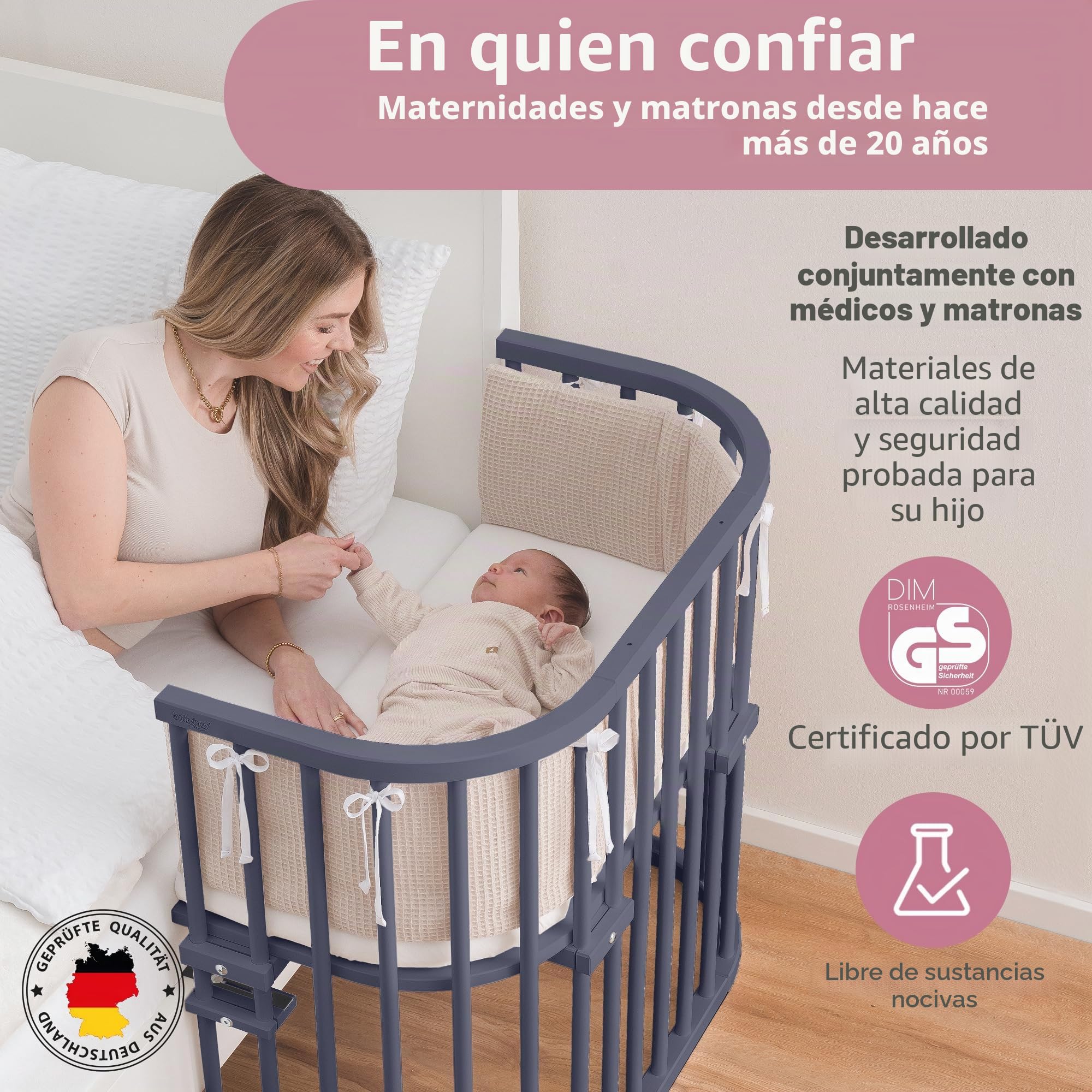 babybay - Cuna de colecho con ventilación extra, color gris